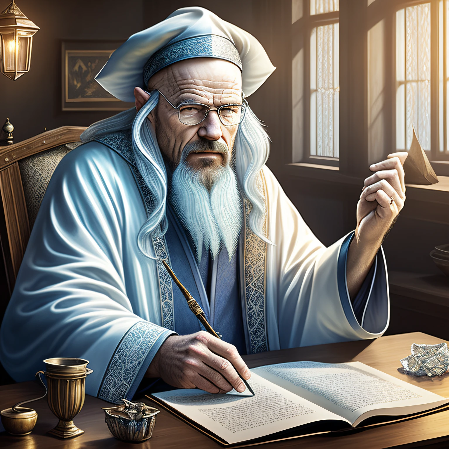 Walter White, (Masterpiece:1.2), (Best Quality), Detailed, UHD, Cinematic Lighting, sharp focus, (illustration:1.1), intricate, Old Wizard with long white hair and beard, wearing a wizard's robe and hat, pondering a blue glowing crystal, in a dimly lit room, magician's room, glowing lights, flickering lights, --auto --s2