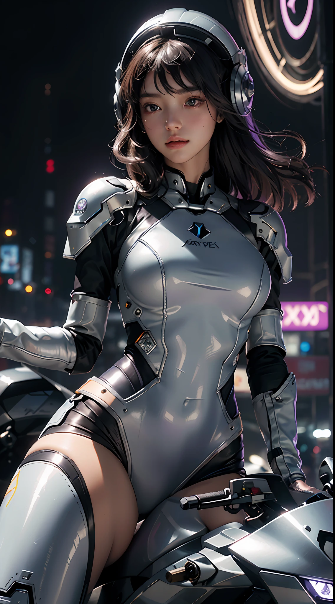 Highest image quality, outstanding detail, ultra-high resolution, (fidelity: 1.4), the best illustration, favor details, highly condensed 1girl, with a delicate and beautiful face, wearing a purple and silver mech, wearing a mecha helmet, holding a direction controller, riding on a motorcycle, the background is a high-tech lighting scene of the future city.