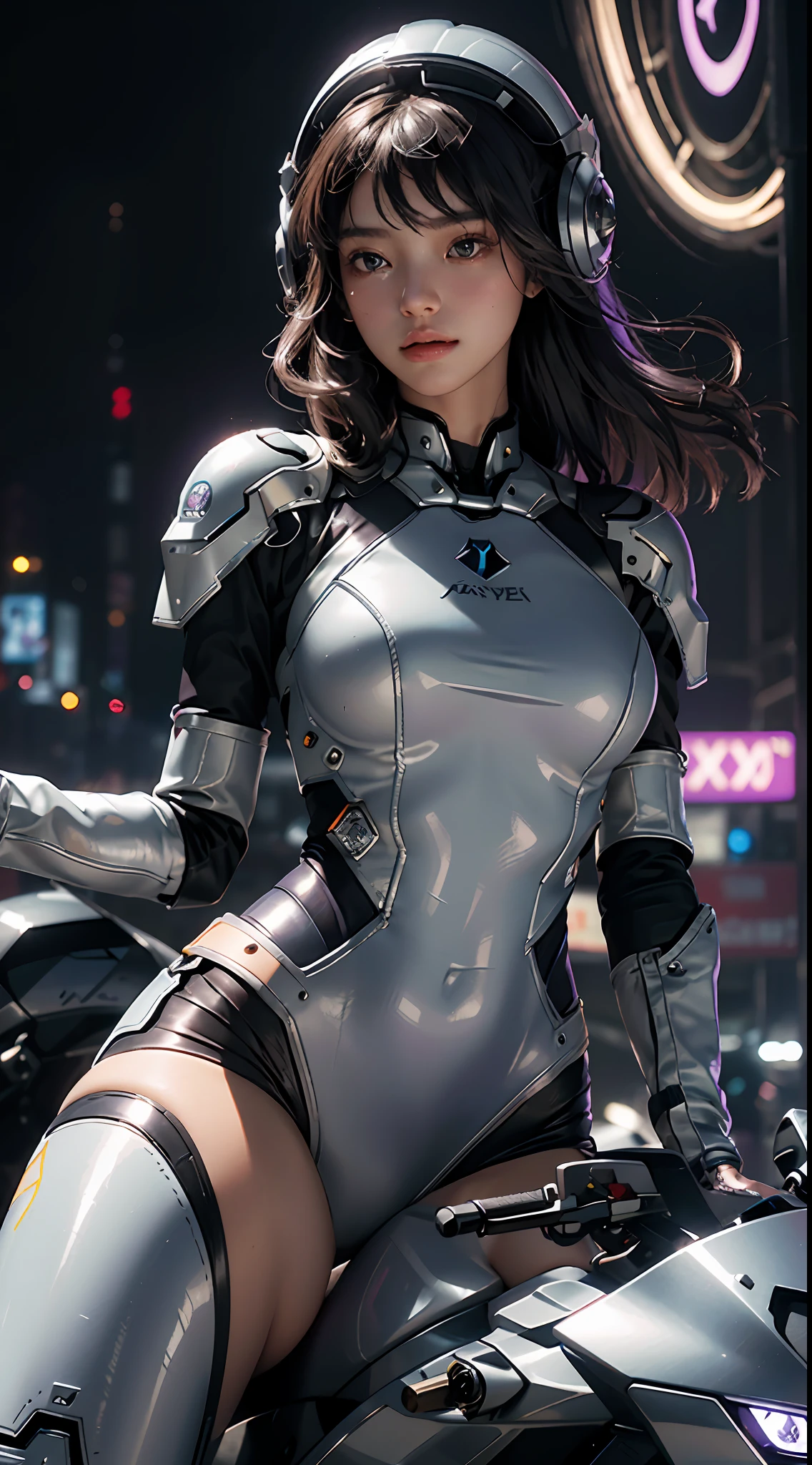 Highest image quality, outstanding detail, ultra-high resolution, (fidelity: 1.4), the best illustration, favor details, highly condensed 1girl, with a delicate and beautiful face, wearing a purple and silver mech, wearing a mecha helmet, holding a direction controller, riding on a motorcycle, the background is a high-tech lighting scene of the future city.