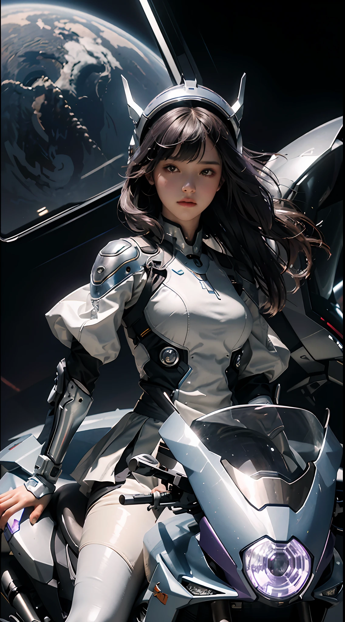 Highest image quality, outstanding detail, ultra-high resolution, (fidelity: 1.4), the best illustration, favor details, highly condensed 1girl, with a delicate and beautiful face, wearing a purple and silver mech, wearing a mecha helmet, holding a direction controller, riding on a motorcycle, the background is a high-tech lighting scene of the future city.