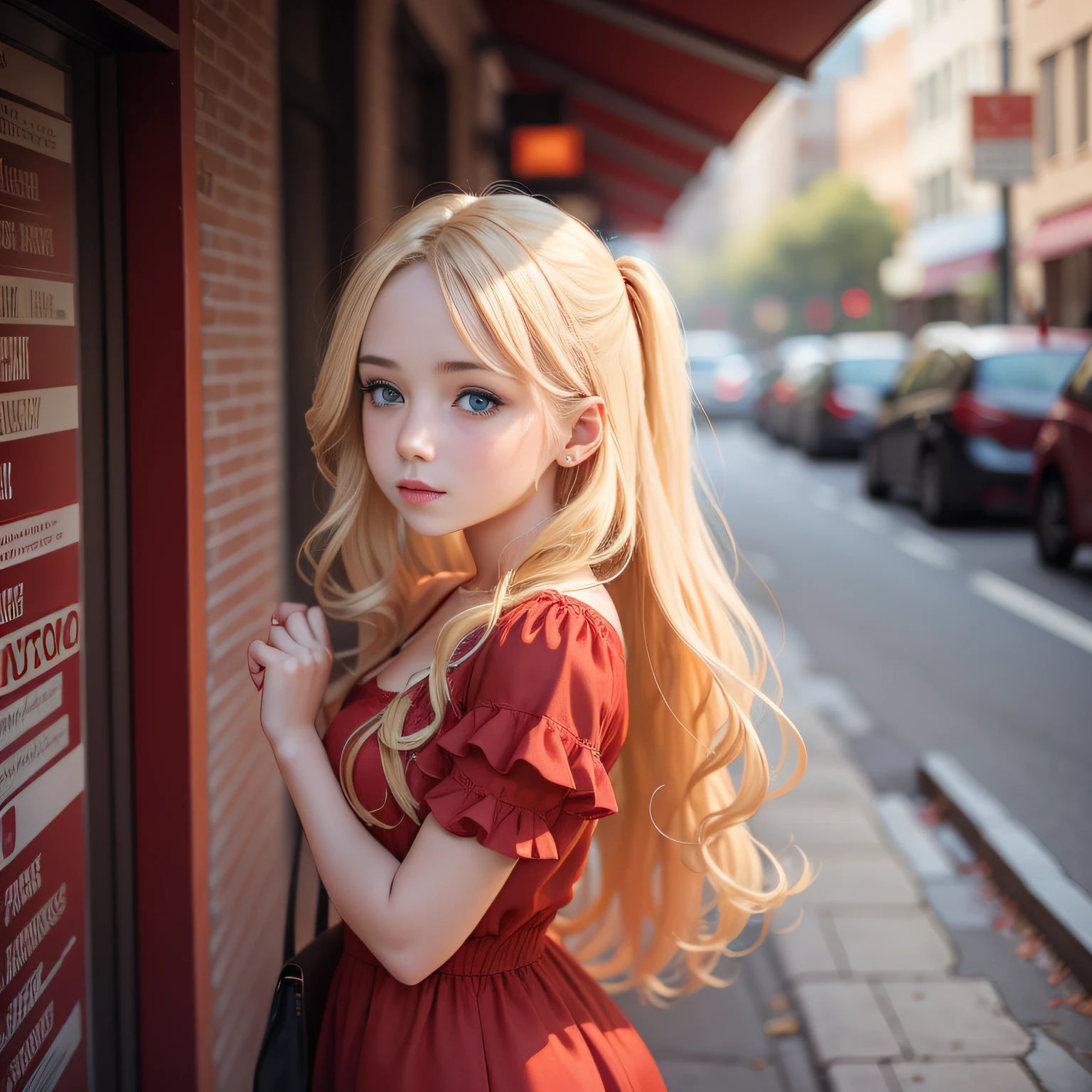 a blonde girl wearing a red dress