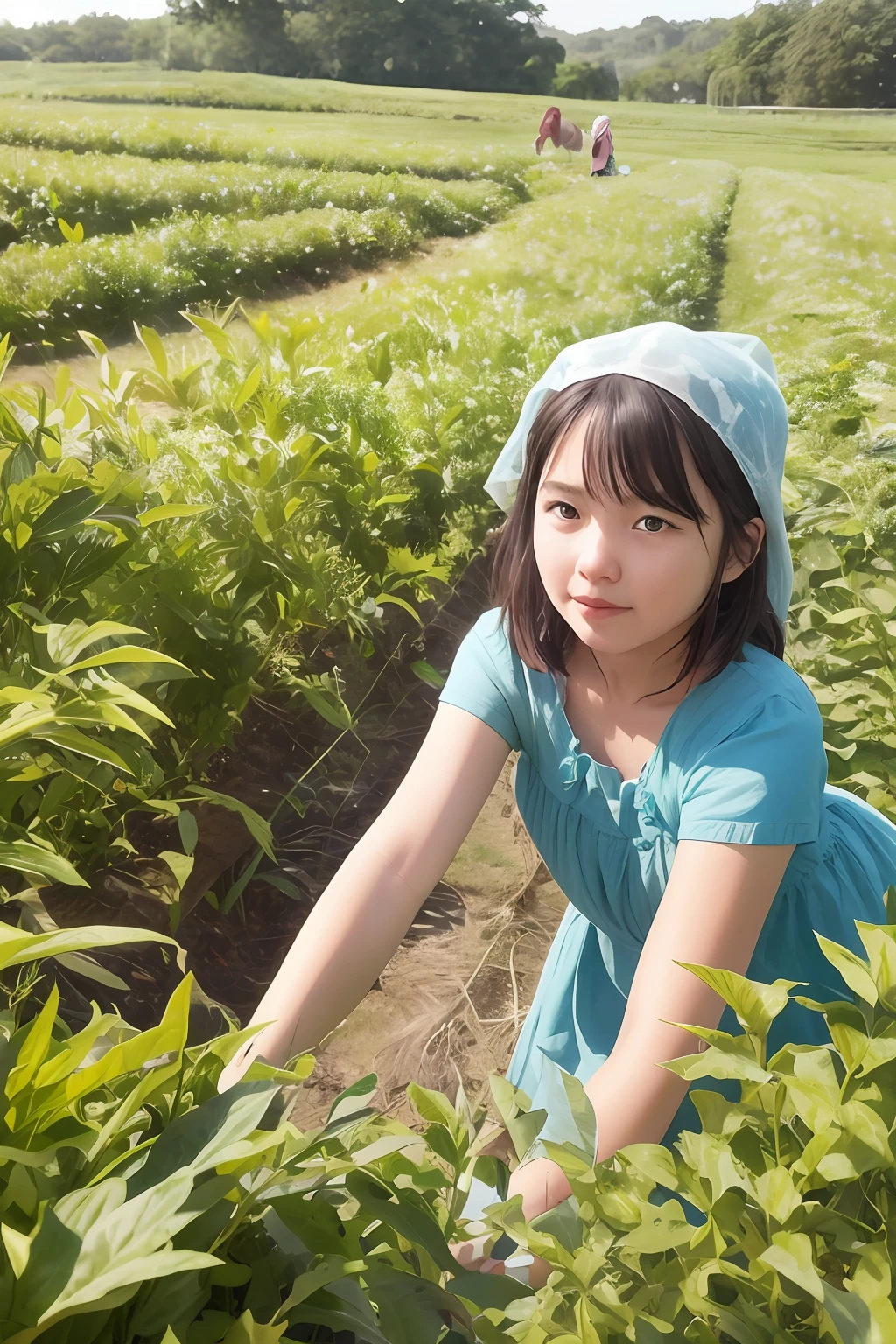 Farmer's daughter, picking tea leaves in the field, children's pictures, fairy tales