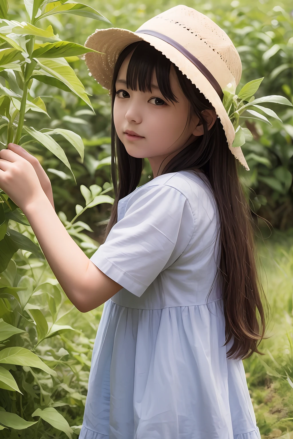 Farmer's daughter, picking tea leaves in the field, children's pictures, fairy tales