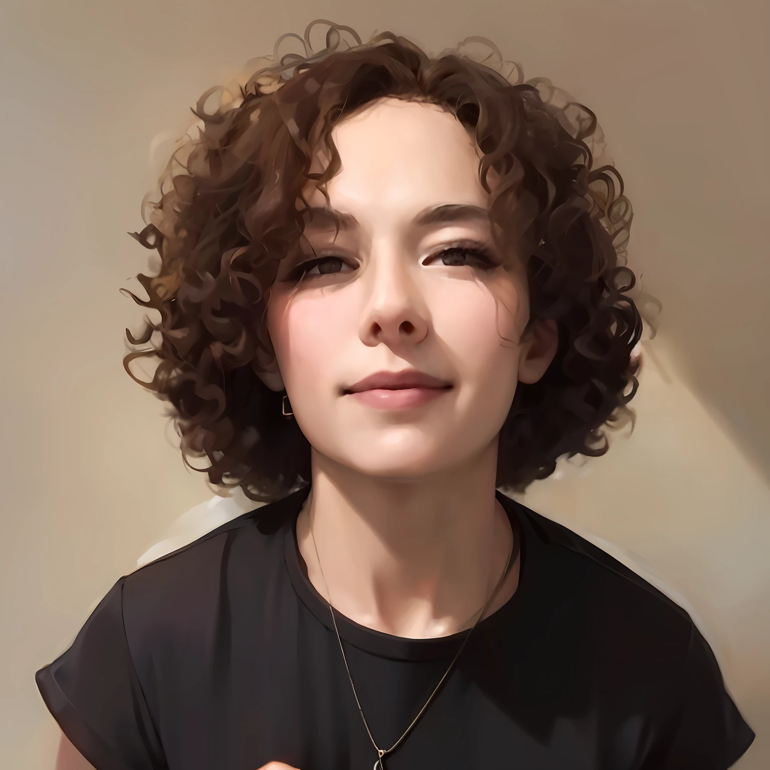 Woman with light brown curly hair, black necklace with pendant with A shape