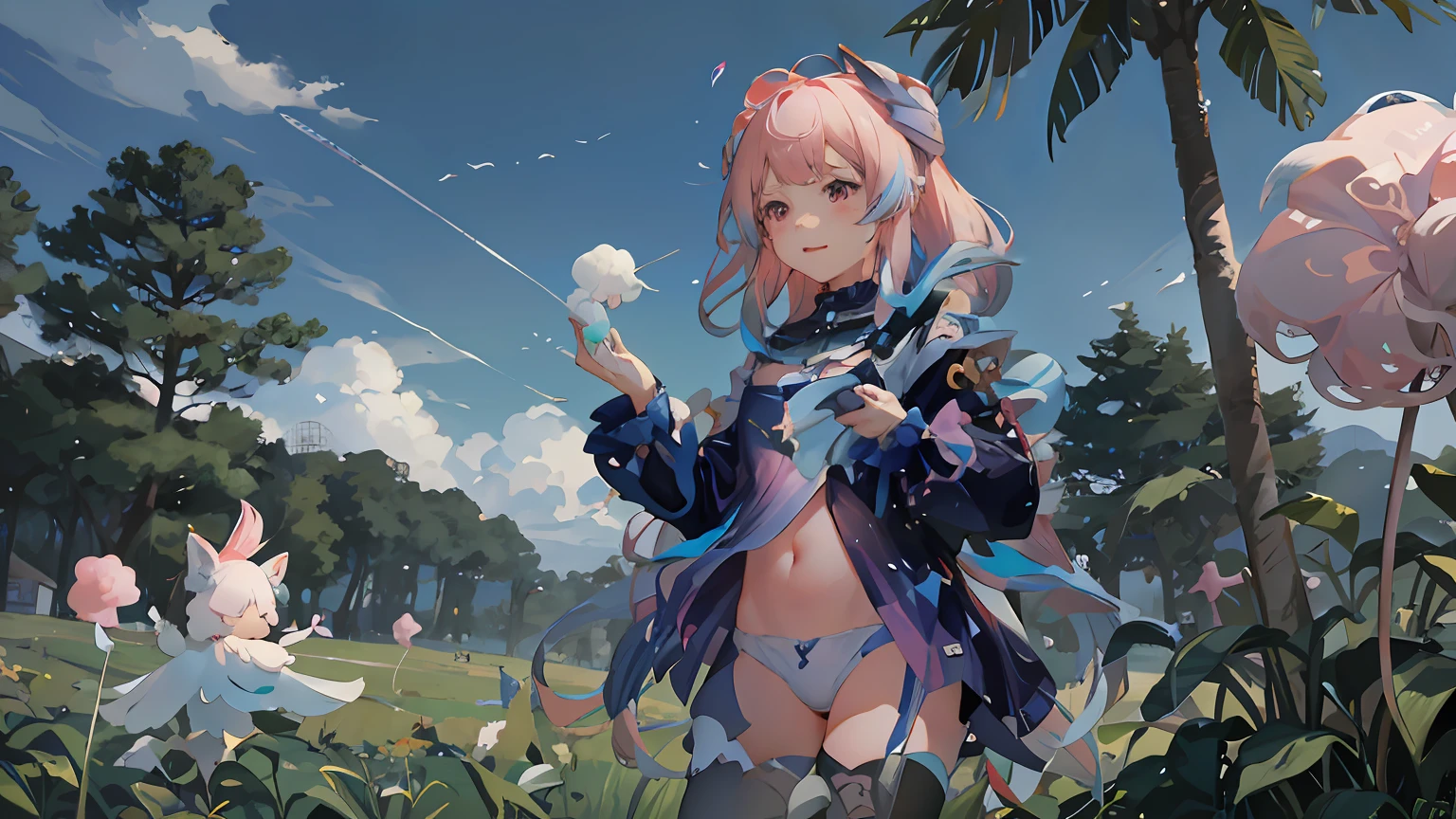 anime girl in a field of flowers holding a cotton candy, guweiz, artwork in the style of guweiz, guweiz on pixiv artstation, guweiz on artstation pixiv, top rated on pixiv, guweiz masterpiece, best anime 4k konachan wallpaper, trending on artstation pixiv, trending on cgstation, nsfw, girl, small, micro, cloudium, clouds, cloud seeds, cloudium seeds, cloud bush, simple, cute, smily face, white circle happy, silly, adorable, farm, candy, sugar, cotton candy, pink hair, pink eyes, navel, thighs, panties, holding cotton candy, blasting cotton candy, explosion, nebula, white magic stars,cum