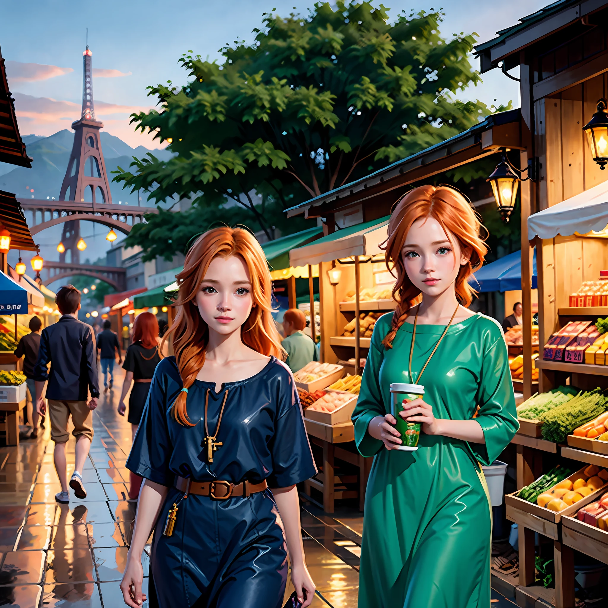 Young ginger woman, Post-Impressionism, anime key visual, landscape of a Wet street market and biophilic Tanzanian Bridge, at Twilight, Sketch, hair light, hearthstone artwork, cinematic, unreal engine