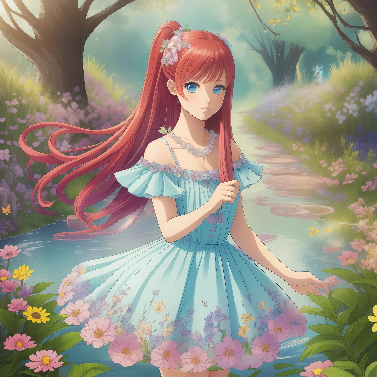 (masterpiece), (best quality), (ultra detailed),(straight hair),(illustration), (1girl), (fairy clothes), standing, model, near the garden, (interview), (background trees with fruits), beautiful blue eyes, beautiful and delicate face, floating, (high saturation), (colorful splashes), colorful bubble, (bright), focus on face, ponytail, long red hair, bangs, hair ring, floating flowers, floating hair, (bright), better lighting, better shade, --auto --s2