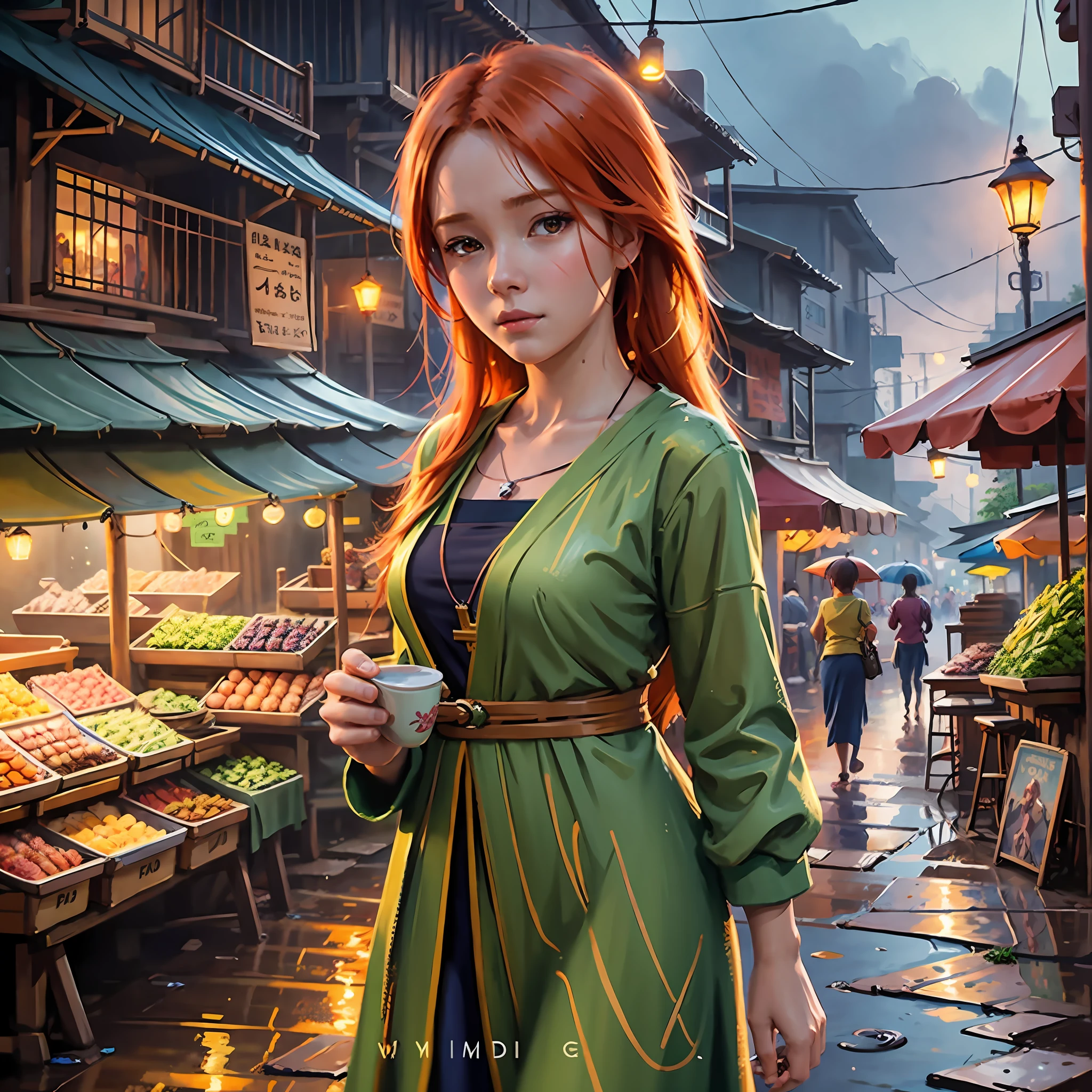 Young ginger woman, Post-Impressionism, anime key visual, landscape of a Wet street market and biophilic Tanzanian Bridge, at Twilight, Sketch, hair light, hearthstone artwork, cinematic, unreal engine