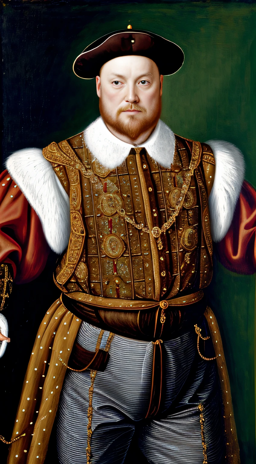 Create a stunning portrait of King Henry VIII donning his royal garb, with special attention to his codpiece.