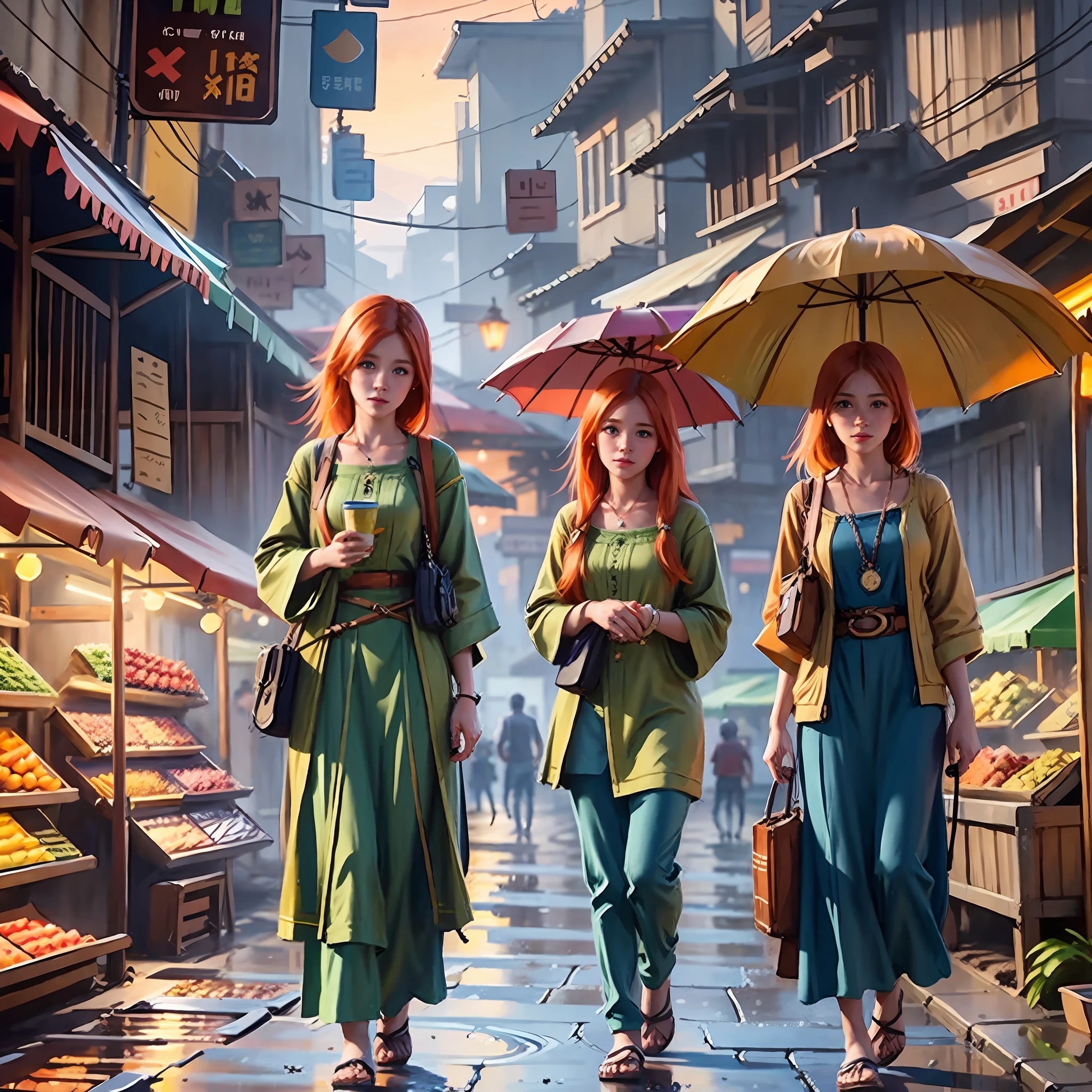 Young ginger woman, Post-Impressionism,  anime key visual,  landscape of a Wet street market  and biophilic Tanzanian Bridge, at Twilight, Sketch, hair light, hearthstone artwork, cinematic, unreal engine