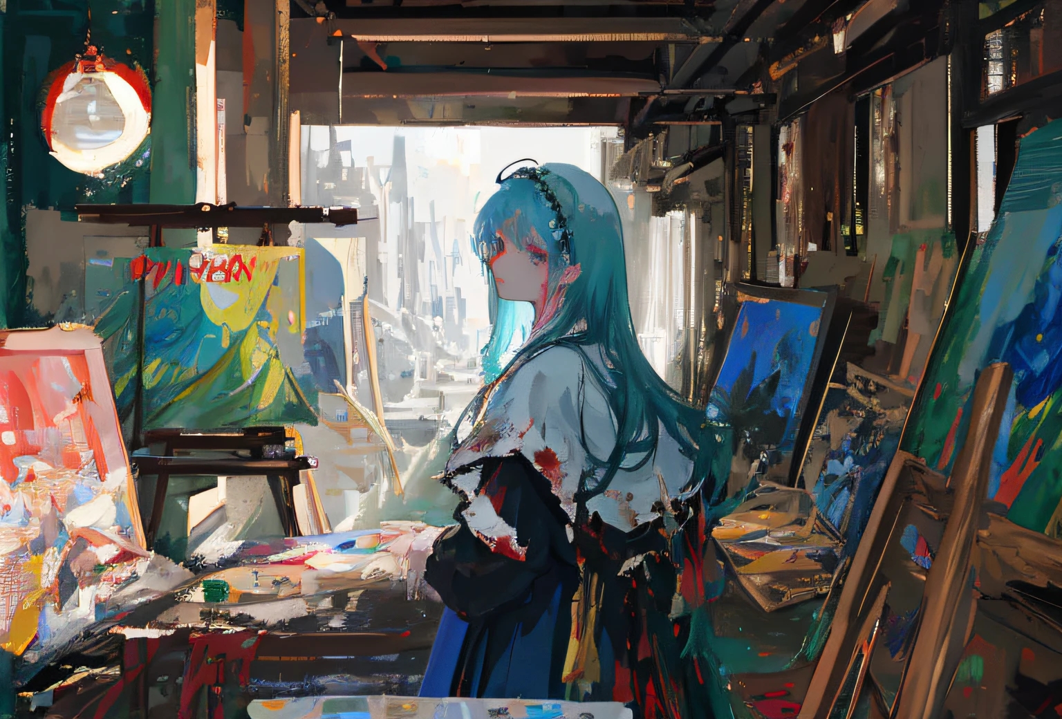 Masterpiece, Best Quality, 8K, Digital Painting, 1Girl, Looking No Spectator, Young, Blue Hair, Long Hair, Hair Accessory, Red Eyes, Circular Pupil, Emotionless Expression, Blood Stains, Blood Under the Eyes, Paintings, Artist, Green Robe, Green Gallery of Paintings