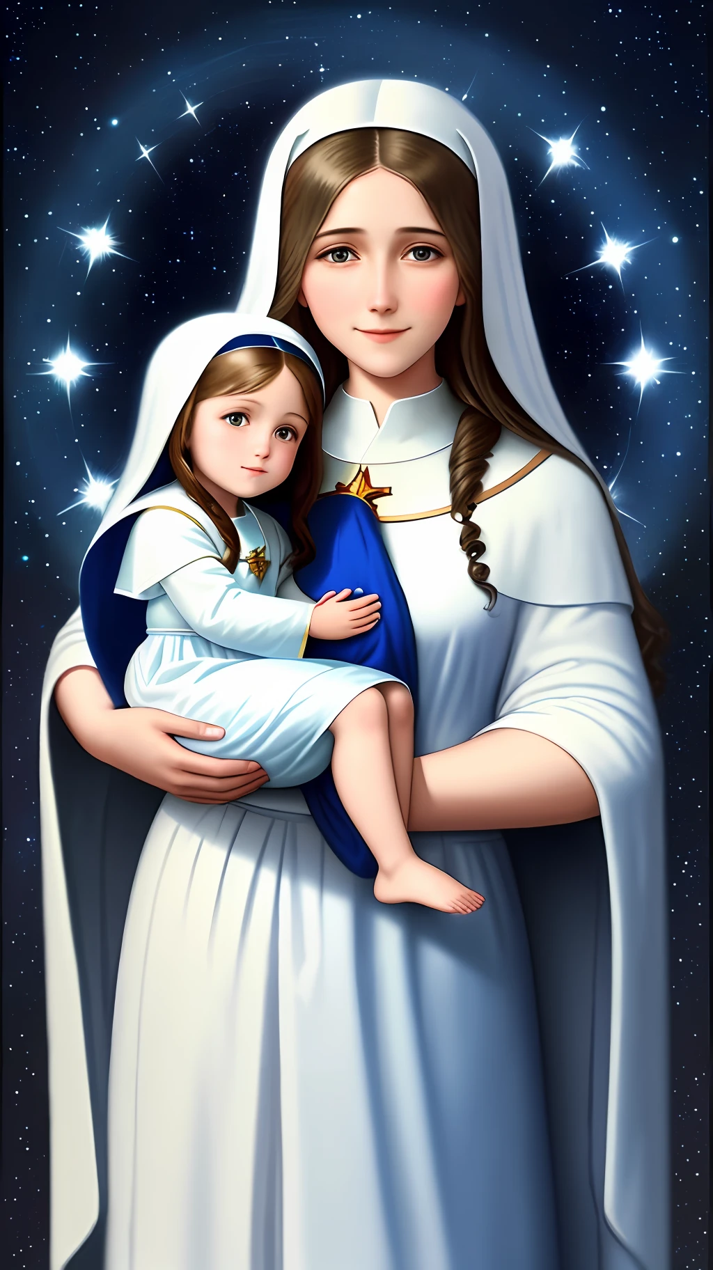 Create an image of Our Lady (mother of Jesus) with a blue and white robe, holding the Child Jesus in her arms. She must be looking down with a kind, loving smile on her face. The background should be a starry sky (pastel tones, high image quality)