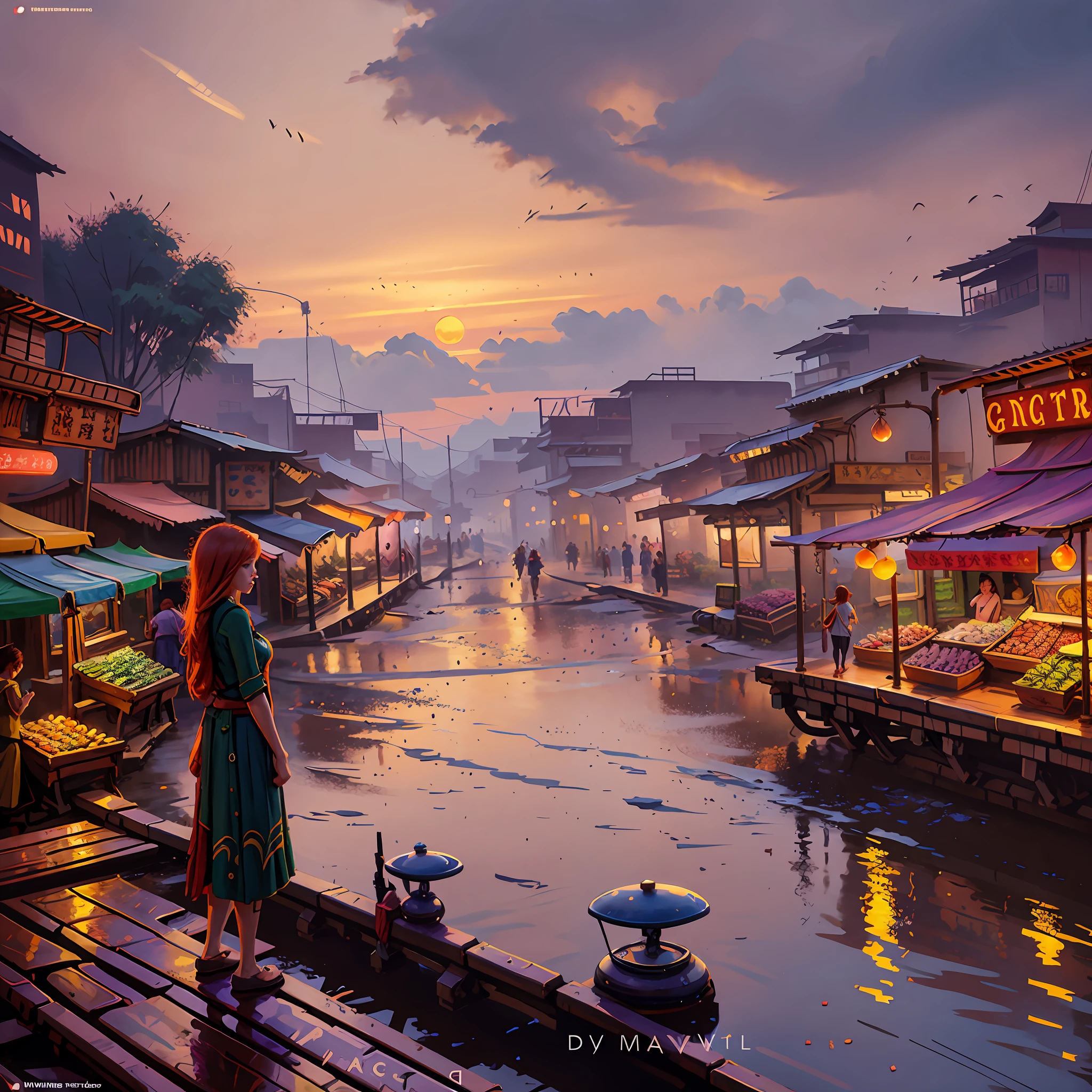 Young ginger woman, Post-Impressionism, anime key visual, landscape of a Wet street market and biophilic Tanzanian Bridge, at Twilight, Sketch, hair light, hearthstone artwork, cinematic, unreal engine