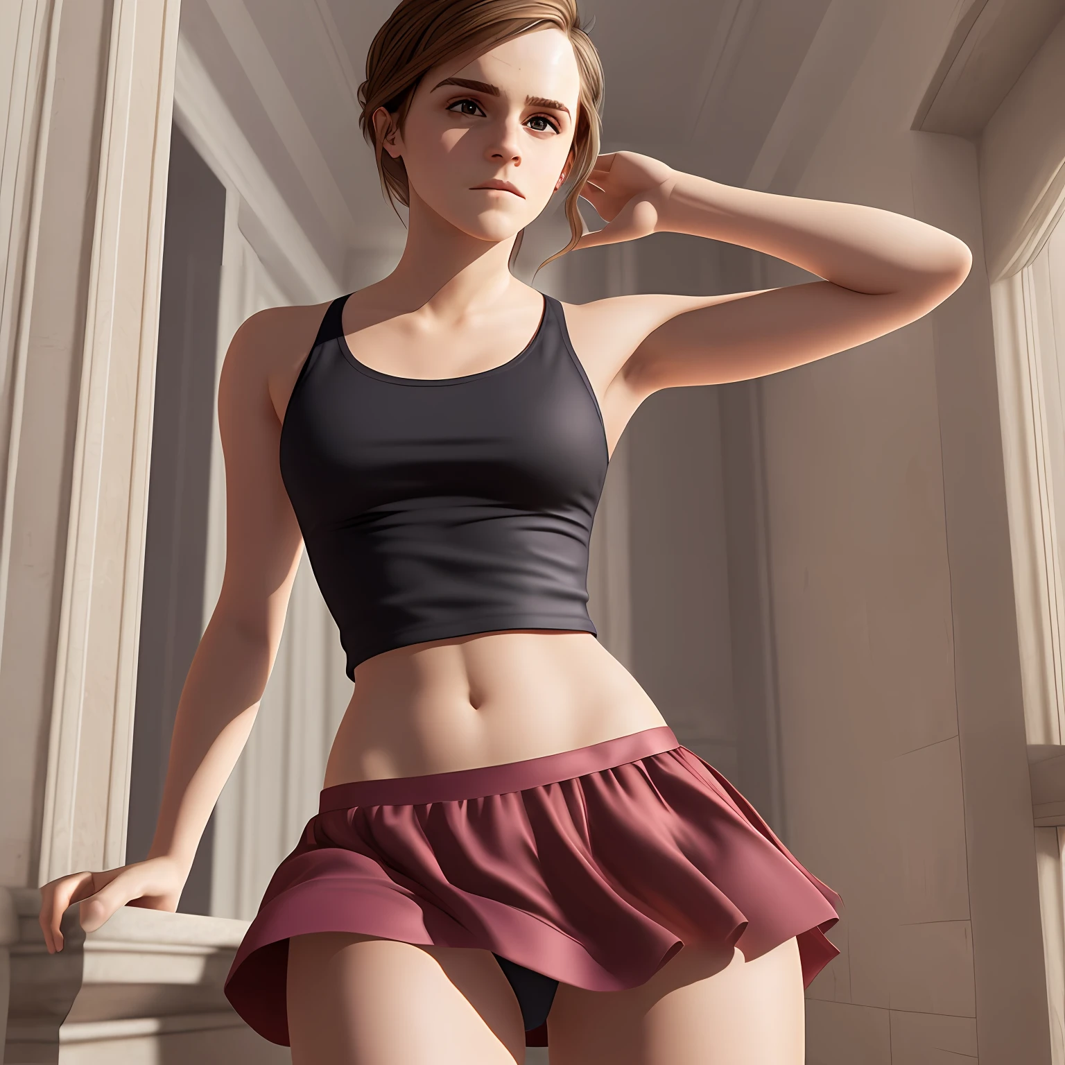 (((Emma Watson))), bathroom, perfect figure, sensual, dreamy, round breasts, ((tight tank top)), silk skirt, (groin: 1.2), ((beautiful big eyes)), ((focus on eyes and mouth)), collarbone, belly button, natural light, extremely detailed, 8yk, raw photo, high level of detail, (ray tracing), (masterpiece), (best quality), high resolution, (realistic: 1.4), physically based representation, ultra-realistic, whole body --auto --s2