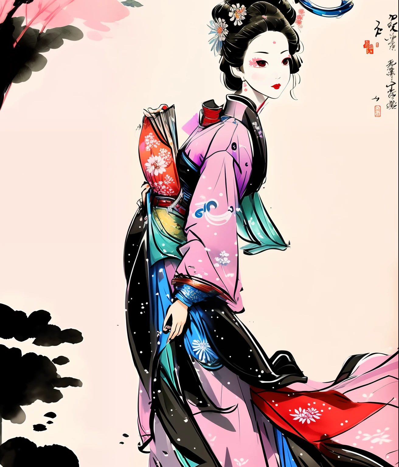 Japanese art, futuristic geisha wearing traditional clothes, painting, well detailed