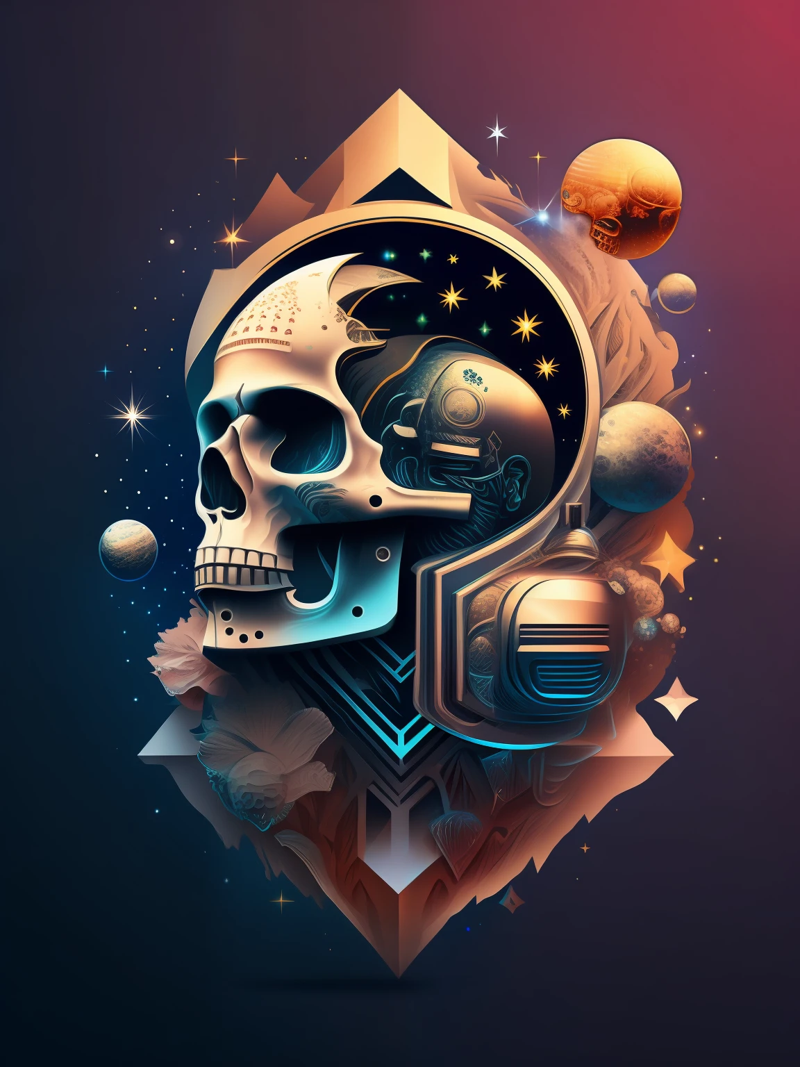 "starry space, stylized astronaut helmet and skull, intricate design, ultra-detailed vector artwork, floating, dynamic viewpoint, metallic shine, intricate details, holographic displays, atmospheric effects, sci-fi theme".