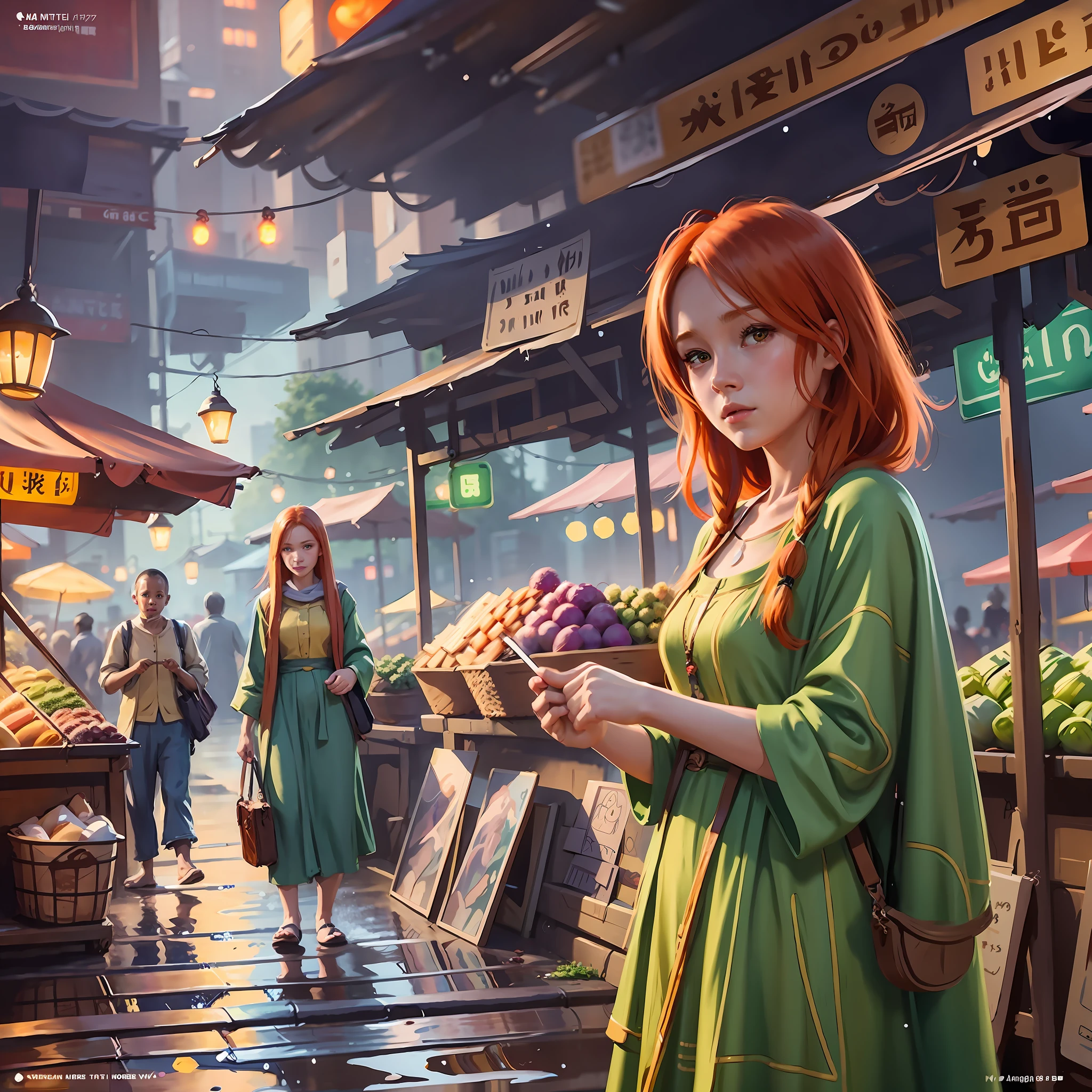 Young ginger woman, Post-Impressionism,  anime key visual,  landscape of a Wet street market  and biophilic Tanzanian Bridge, at Twilight, Sketch, hair light, hearthstone artwork, cinematic, unreal engine