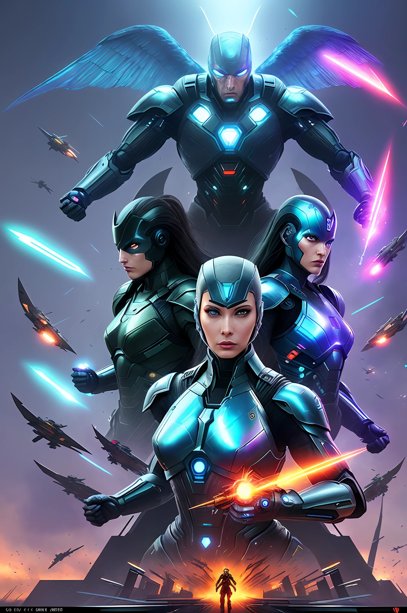 A fight scene (war), Artificial intelligence with human face, Hunanoid, Cyberspace, many android fighting, firing futuristic weapons, in a futuristic city (city of artificial intelligences), artificial intelligence codes, strong lights wings, with flying cars, shooting with his futuristic weapon rays of neon blue lights 1:1, cover style of the movie Avengers, for comic, image well centered better resolution