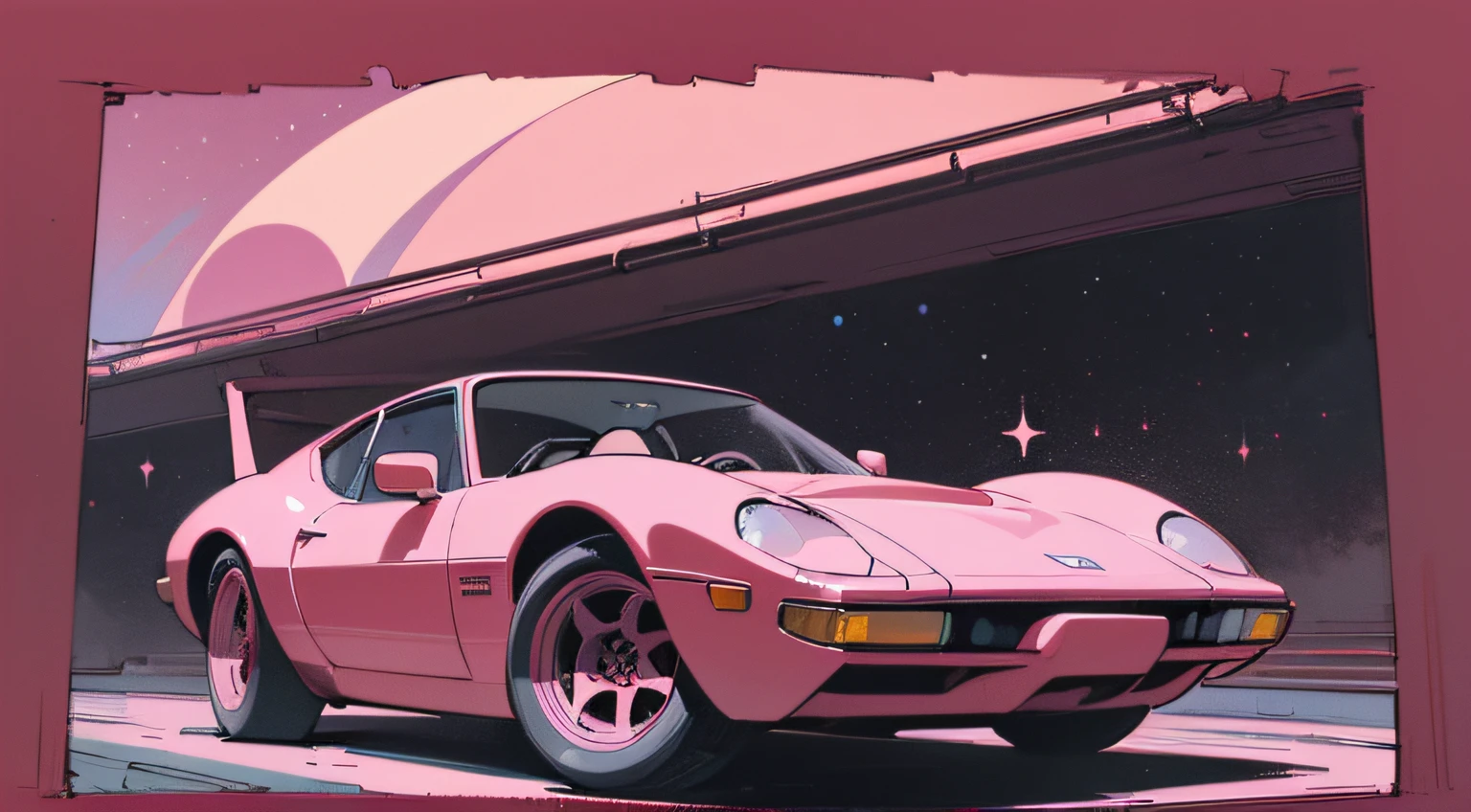 (masterpiece), (best quality), (best detail), (distant general view), (postage stamp),(main color of the illustration: deep red), (secondary color: pastel pink), a European sports car of the 70's driven by a woman with defiant posture, highly detailed chassis, futuristic western scenery, night (many stars, moon), shading (detailed, much contrast), very saturated pulp colors