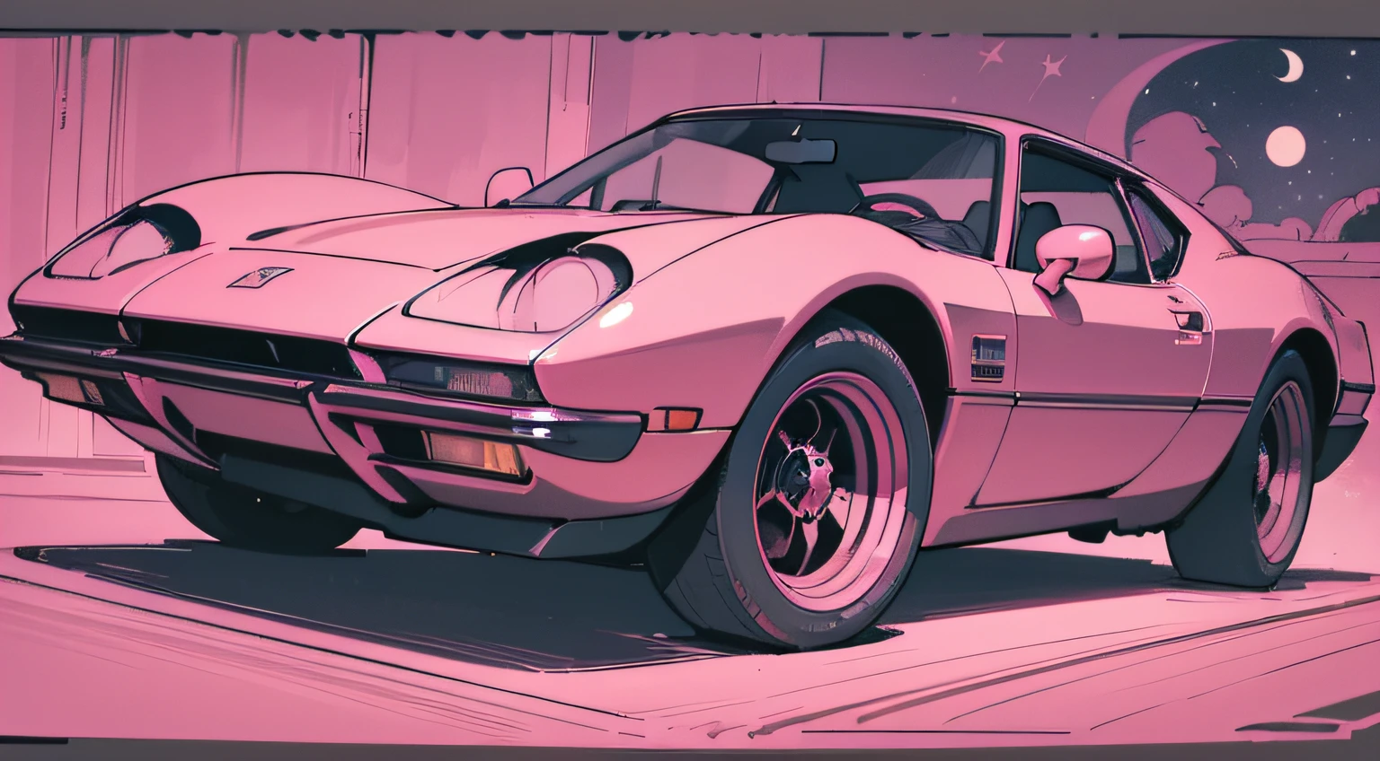 (masterpiece), (best quality), (best detail), (distant general view), (postage stamp),(main color of the illustration: deep red), (secondary color: pastel pink), a European sports car of the 70's driven by a woman with defiant posture, highly detailed chassis, futuristic western scenery, night (many stars, moon), shading (detailed, much contrast), very saturated pulp colors