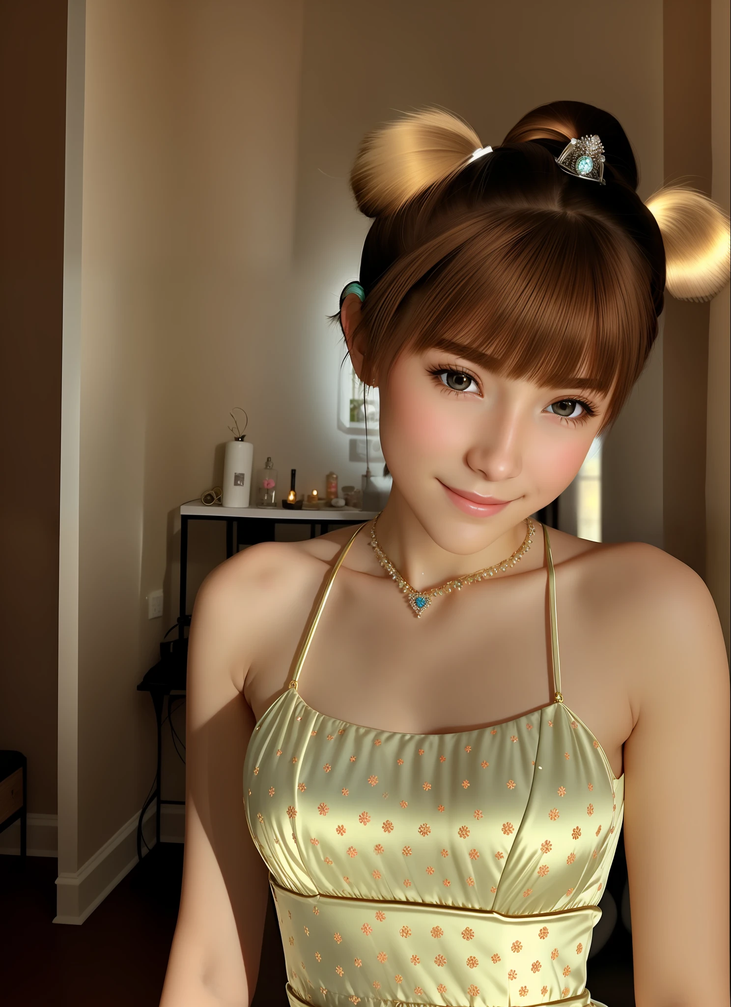 photorealistic, realistic, best quality, masterpiece, highres, 8k uhd, dslr, soft lighting, high quality, volumetric lighting, candid, Photograph, high resolution, 4k, 8k, night sense, dim lights, candle lights, (((Bokeh lighted background)))maiden, (front view), cute, (happy), (smile), medium breasts, short hair, (((pigtails))), auburn hair, brown eyes, (detailed eyes), (detailed facial features), (detailed clothes features), skin tight, (shiny skin),(slender girl),(slim girl), (1girl,solo), princess, gown, hair ornament, necklace, jewelry, gems, crystals, majestic
