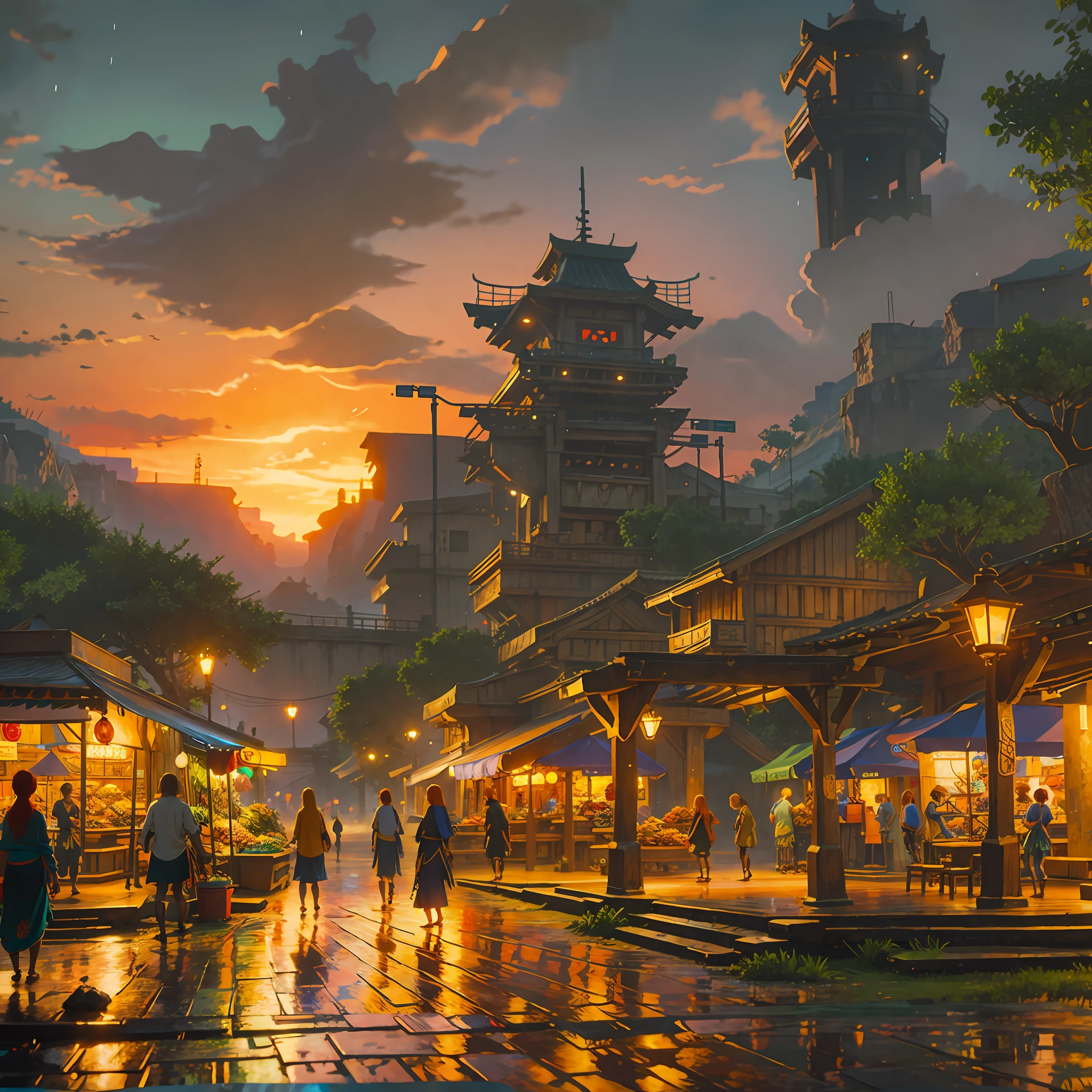 Young ginger woman, Post-Impressionism, anime key visual, landscape of a Wet street market and biophilic Tanzanian Bridge, at Twilight, Sketch, hair light, hearthstone artwork, cinematic, unreal engine