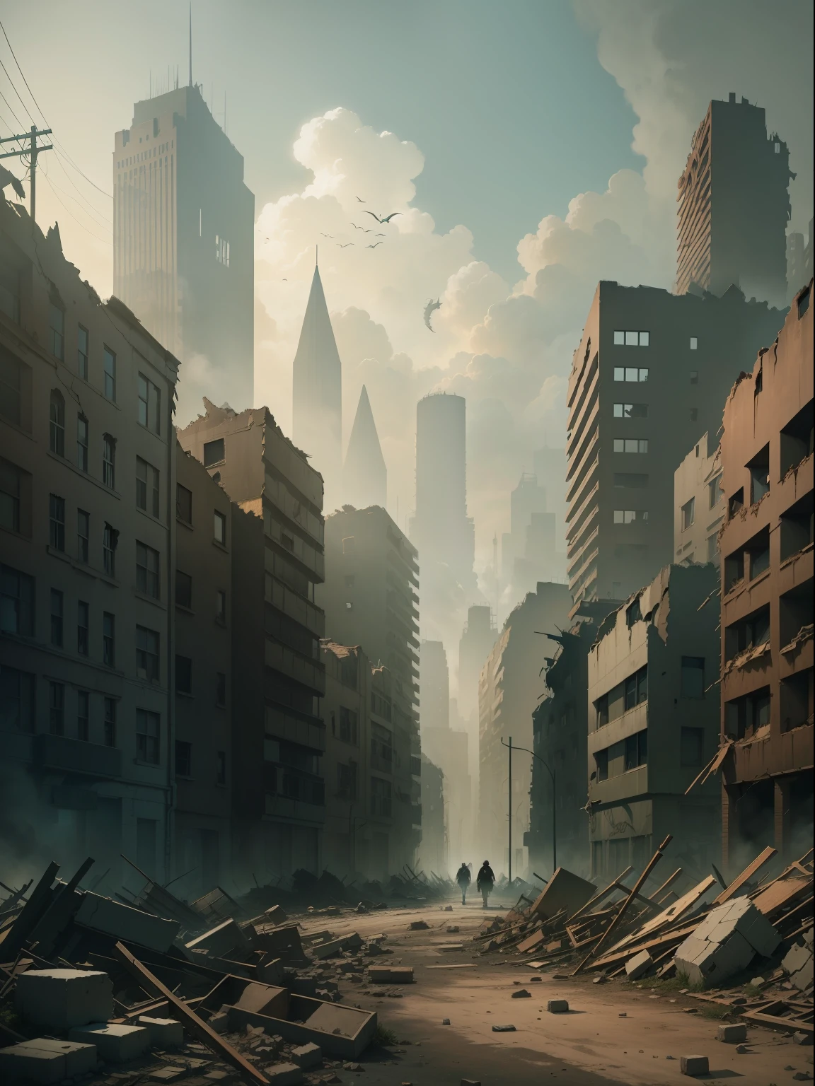 Draw a city in ruins, with collapsed buildings and dark alleys. The streets are covered with rubble and dust, and the atmosphere is dark and oppressive. On the outskirts of the city, there are devastated fields and dead trees, creating a bleak and desperate scenery.