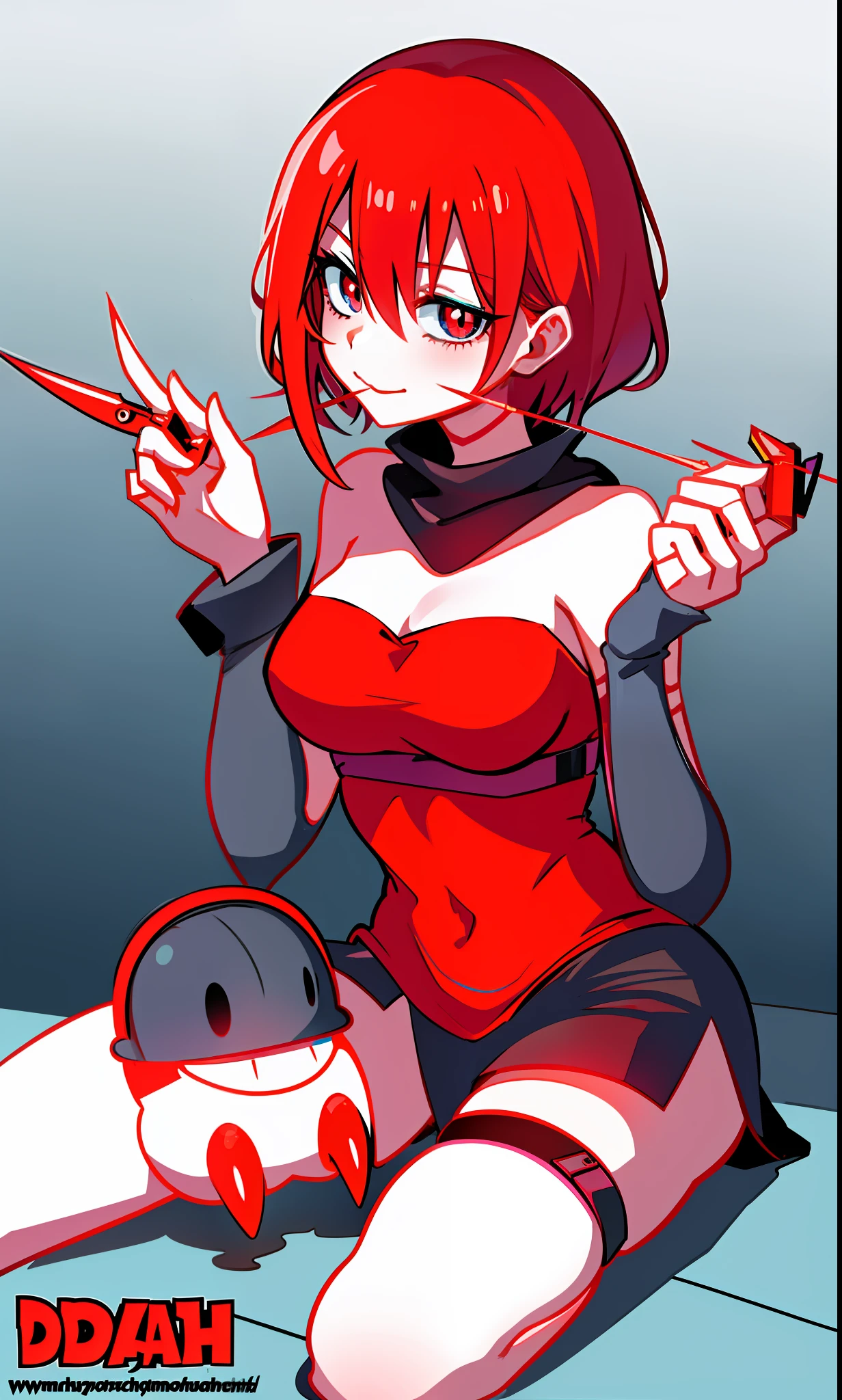 Anime girl, holding a red knife with her right hand