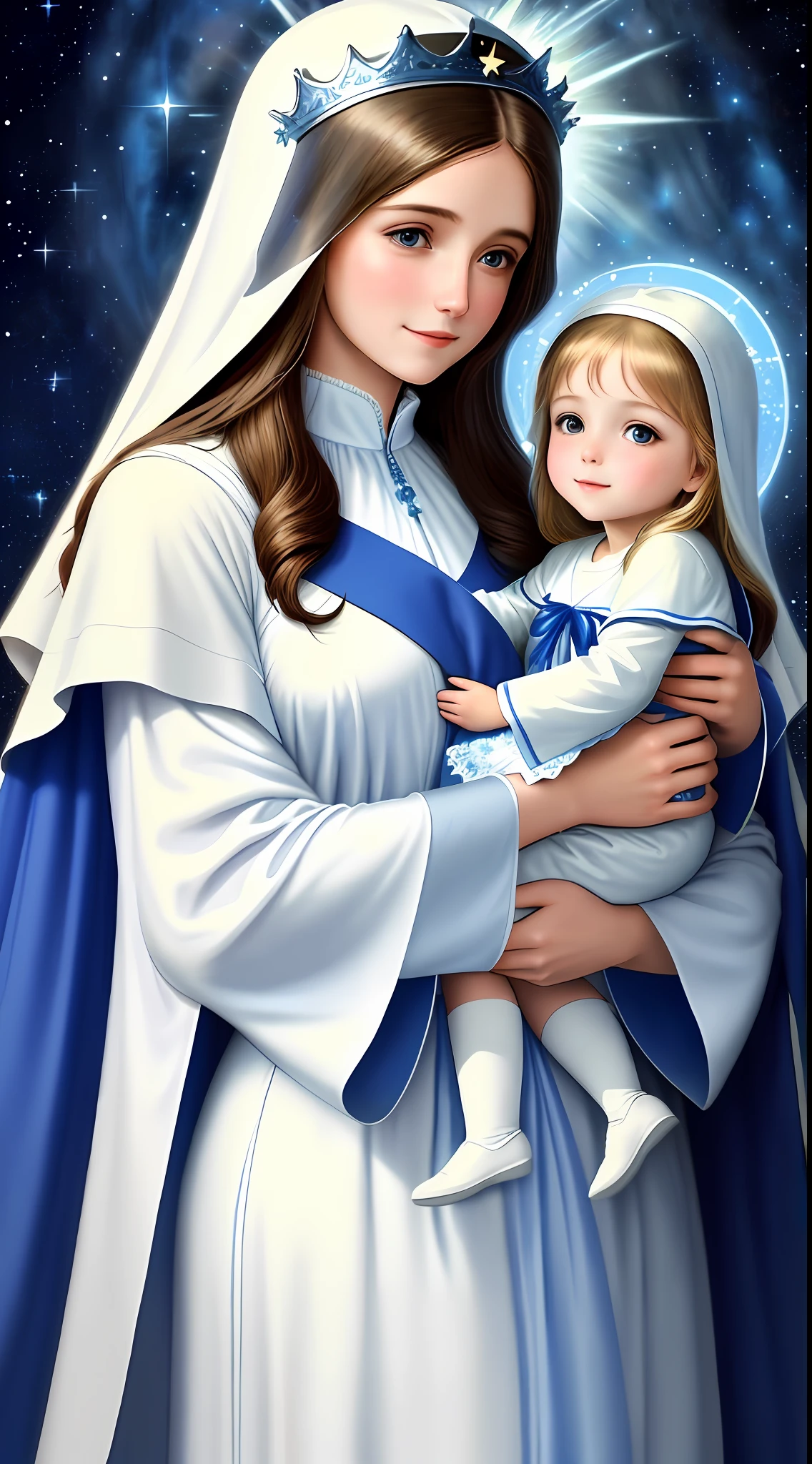 Create an image of Our Lady (mother of Jesus) with a blue and white robe, holding the Child Jesus in her arms. She must be looking down with a kind, loving smile on her face. The background should be a starry sky (pastel tones, high image quality)