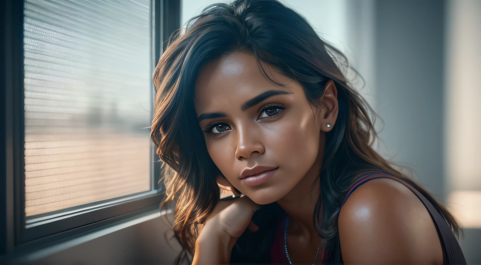 beautiful Brazilian woman, in the living room of an apartment, looking out the window, vague and sad look, depressed, distant, photorealistic, photo, masterpiece, realistic, realism, photorealism, high contrast, photorealistic digital art trend in Artstation 8k HD high definition detailed realistic, detailed, skin texture, hyper detailed, realistic skin texture, armor, best quality, ultra high res, (photorealistic: 1.4),, High resolution, detailed, raw photo, sharp re, by Lee Jeffries Nikon D850 Film Stock Photography 4 Camera Kodak Portra 400 f1.6 lens rich colors hyper realistic texture dramatic lighting unrealengine trend in artstation cinestill 800,