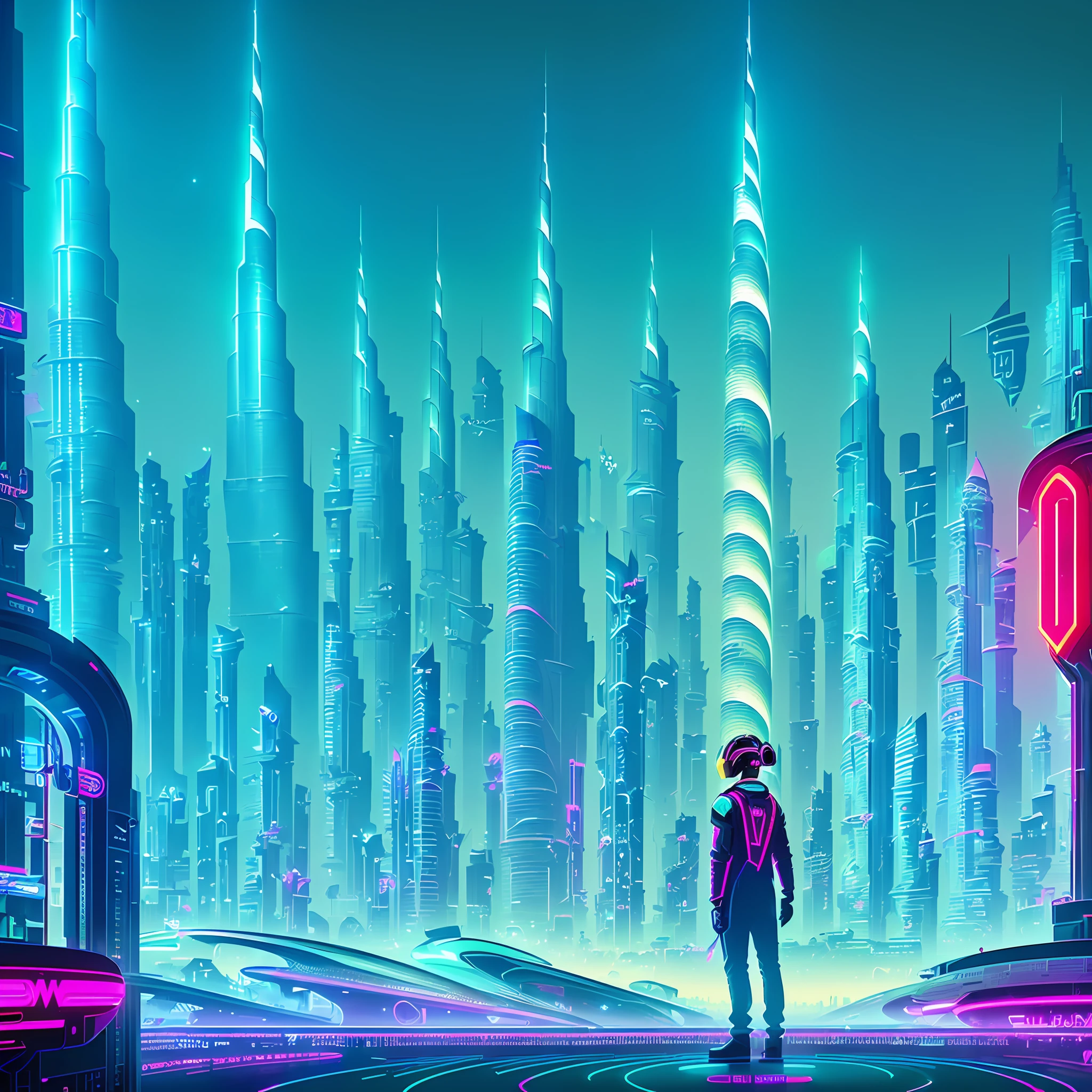 a person standing in front of a wall of neon-lit text, inside an elven city, concept art, by Emiliano Ponzi, by Chris Ware, criteria collection, concept art, dystopian, science fiction, ((8k, high resolution, ultra detailed)), (((sharp lines))), (((perfectly round cutout in the middle of the screen))) (((futuristic daftpunk style))) ((United Arab Emirates))) ((((Dubai)))