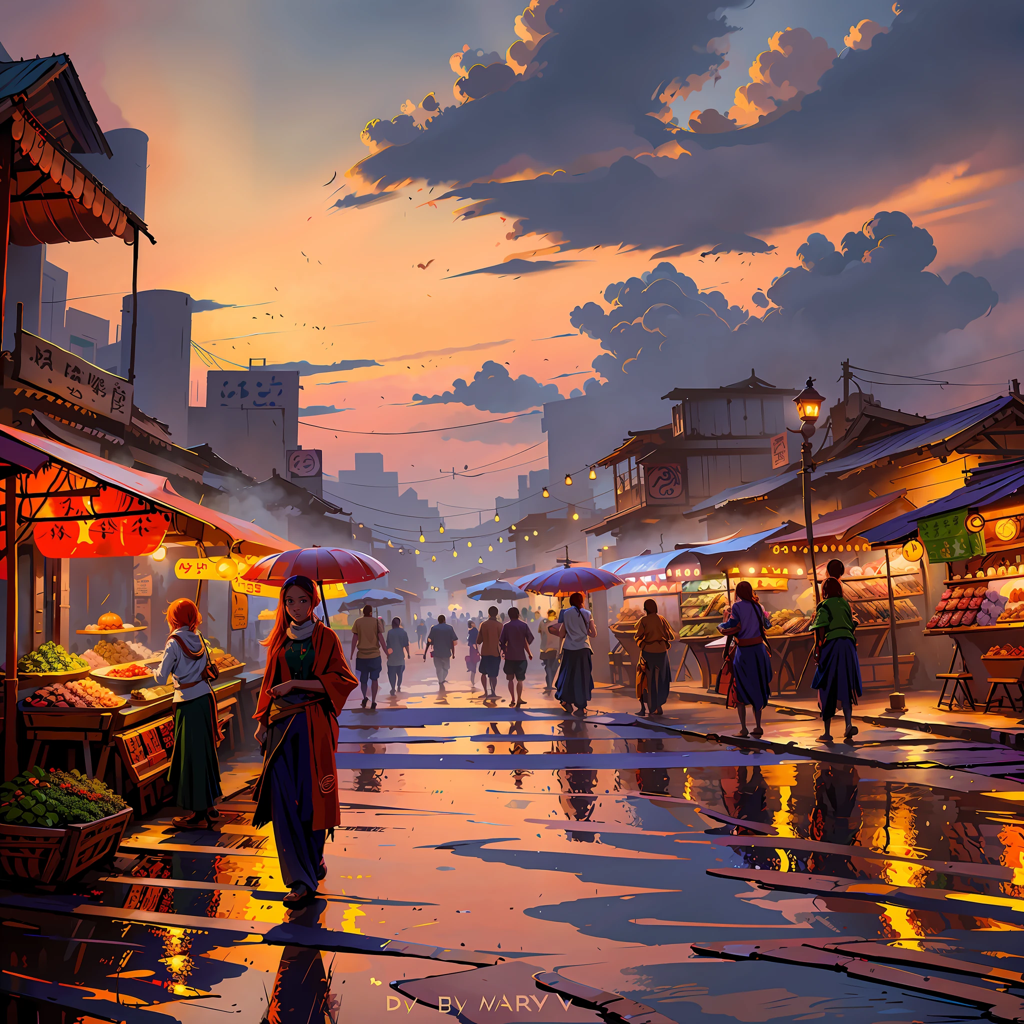 Young ginger woman, Post-Impressionism, anime key visual, landscape of a Wet street market and biophilic Tanzanian Bridge, at Twilight, Sketch, hair light, hearthstone artwork, cinematic, unreal engine