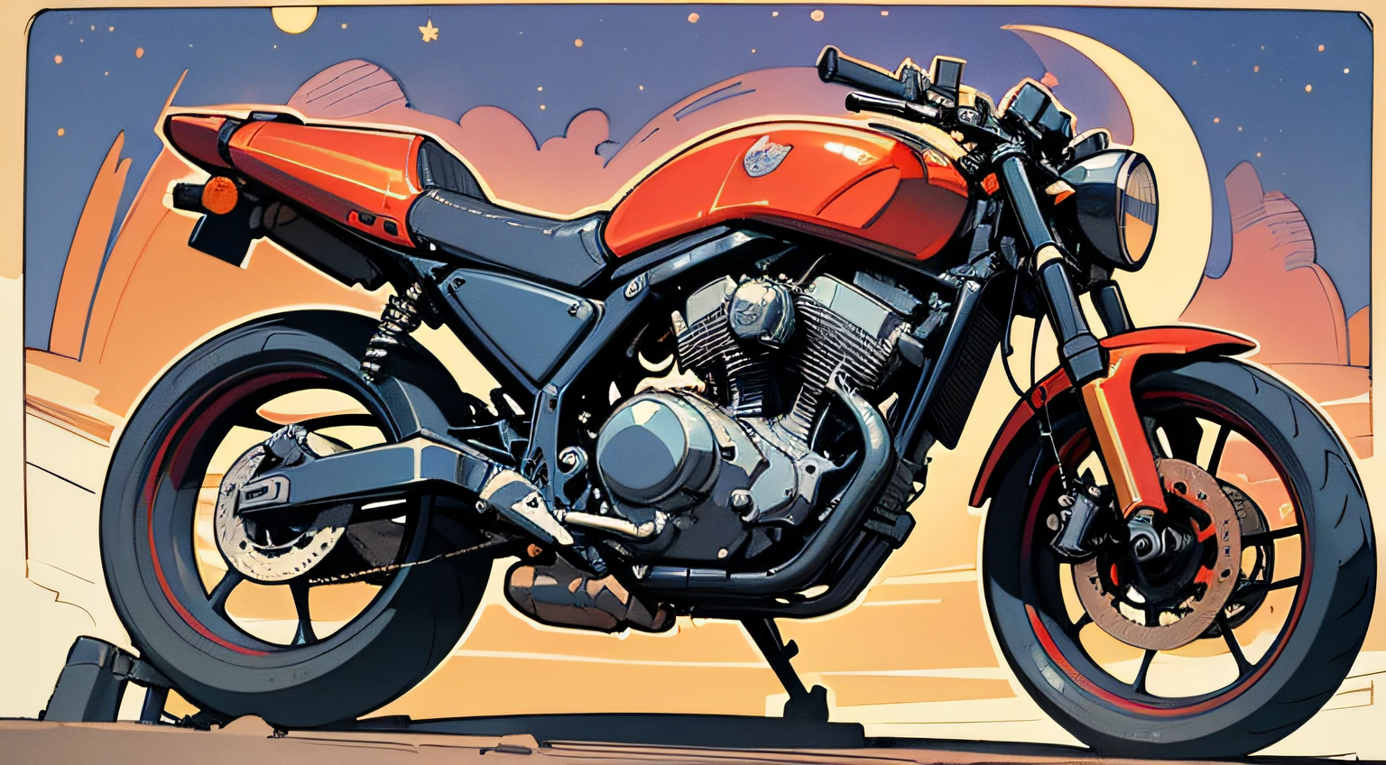 (masterpiece), (best quality), (best detail), (distant general view), (postage stamp),(main color of illustration: bright saturated red), (secondary color: lapis lazuli), a red cafe racer motorcycle driven by a woman with defiant stance, very detailed chassis, futuristic western scenery, night (many stars, moon), shading (detailed, much contrast), very saturated pulp colors