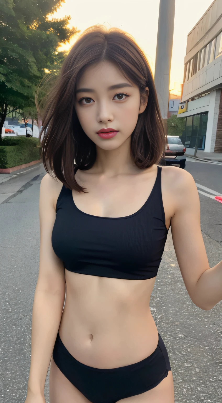 ((Realistic lighting, top quality, 8K, Masterpiece: 1.3)), Focus: 1.2, 1 girl, Perfect figure: 1.4, Very delicate body: 2.4, Slim abs: 1.3, (((Dark Brown hair)), (Tube Top Bikini: 1.4), (Outdoor, Night: 1.1), City Street, Ultra fine face, Narrow eyes, Double eyelids,