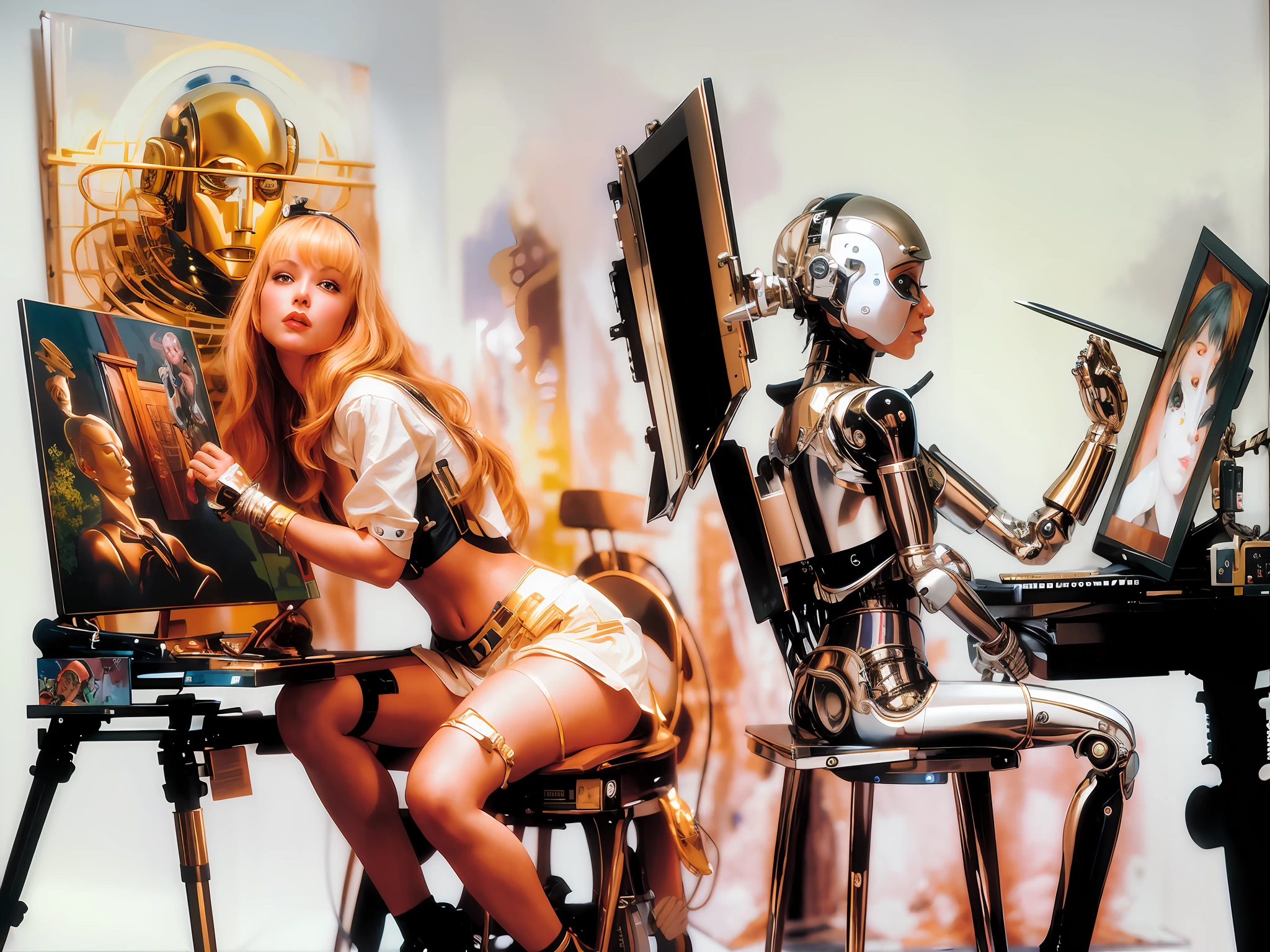 painting of a woman sitting on a chair next to a robot, hajime sorayama designed girl, sorayama, hajime sorayama style, karol bak major buster keaton, robot painting a robot on canvas, robot girl, portrait of a starving ai artist, inspired by hajime sorayama, style of hajime sorayama