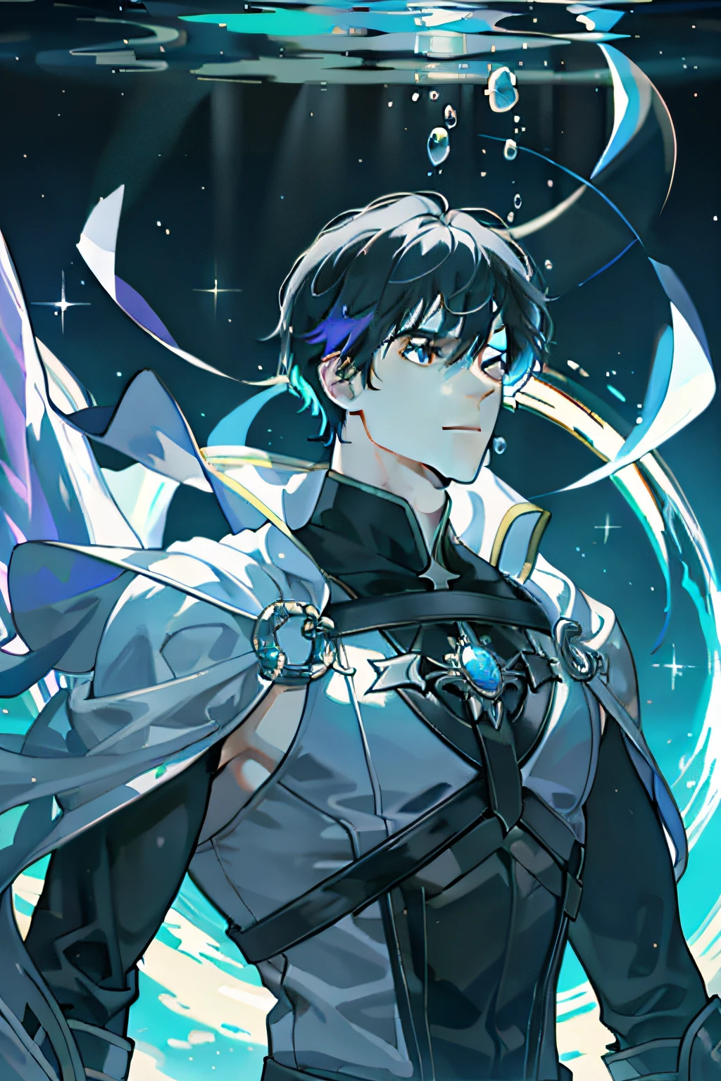 masterpiece, best quality, 1 male, adult, mature, tall muscular guy, Dark theme, Magic circle, bubble, rainbow Sunlight, Underwater, Reflected mirror, floating piece of Glass, Rainbow light, Bubble Swirling, wind Swirling, Aurora, fantasy scenery, Starlight around the character, (upper body)