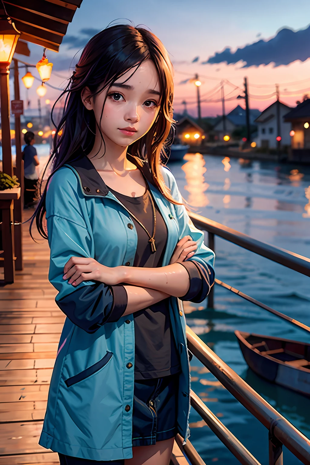 1girl, Post-Impressionism,  anime key visual,  landscape of a Wet Stupid Fish market  and biophilic Tanzanian Bridge, at Twilight, Sketch, hair light, hearthstone artwork, cinematic, unreal engine