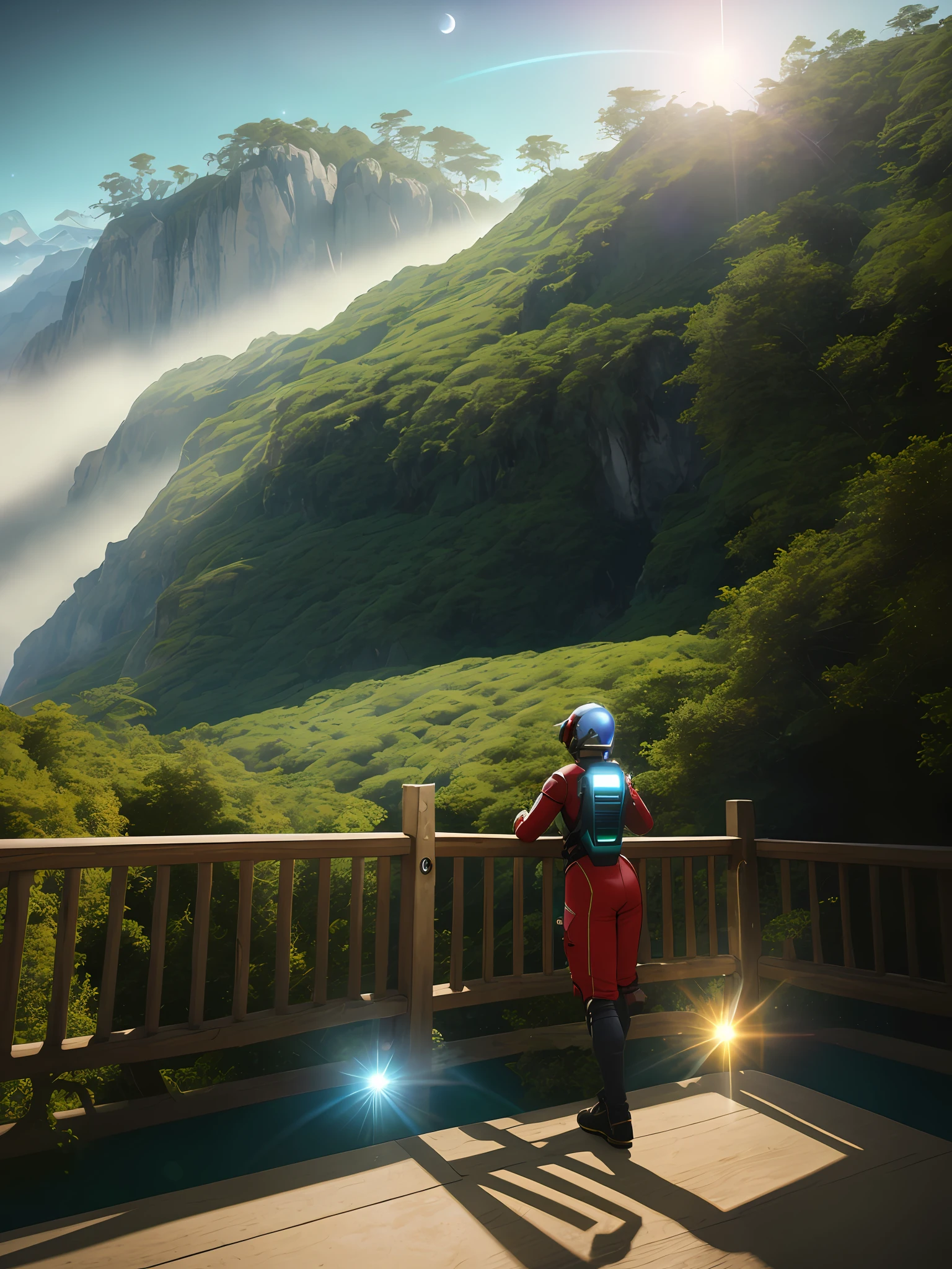 (35mmstyle:1.2), Highly detailed RAW color Photo, Rear Angle, Full Body, of (female space marine, wearing white and red space suit, futuristic helmet, tined face shield, rebreather, accentuated booty), outdoors, (standing on Precipice of tall rocky mountain, looking out at magical lush green rain forest on alien planet), vivid detail, (exotic alien planet), toned body, big butt, (sci-fi), (mountains:1.1), (lush green vegetation), (two moons in sky:0.8), (highly detailed, hyperdetailed, intricate), (lens flare:0.7), (bloom:0.7), particle effects, raytracing, cinematic lighting, shallow depth of field, photographed on a Sony a9 II, 35mm wide angle lens, sharp focus, cinematic film still from Gravity 2013, viewed from behind, dynamic angle