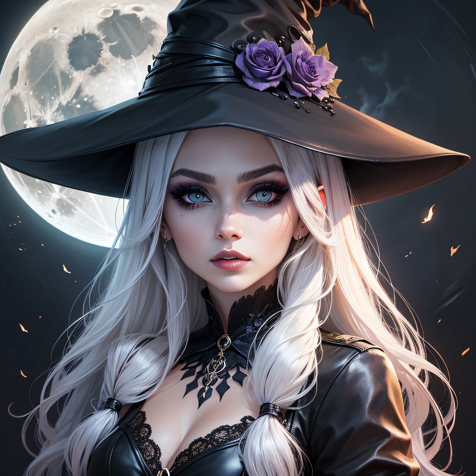 Modern witch, striking eyes, dark makeup, moon in the background --auto --s2