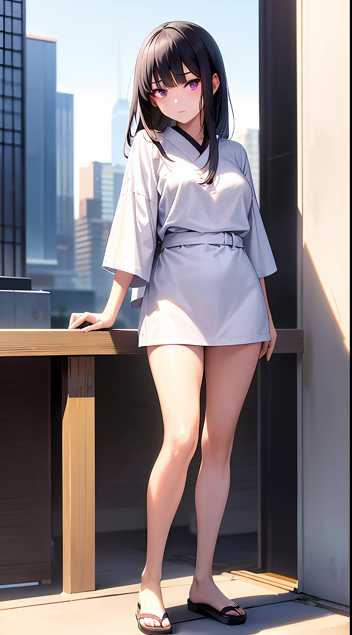 Superior Quality, Masterpiece, Ultra High Resolution, (Photorealistic: 1.4), Raw Photo, Deep Shadows, a Japanese girl, with black hair and bangs, purple eyes, wearing casual clothes, black and white clothing, with a look of contempt, expression of contempt, on top of a building, scenery on top of a building, standing, loli, new, low