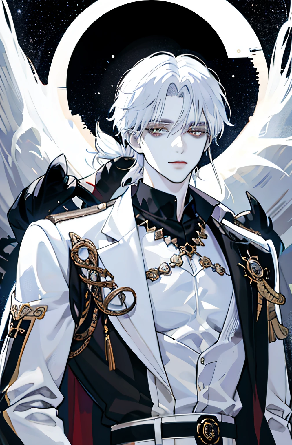 White haired man, brown eyes, sexy, royalty, bad boy, white skin, high quality, highly detailed, detailed face, taking off his shirt, black eyelashes, dark night, stars, full moon