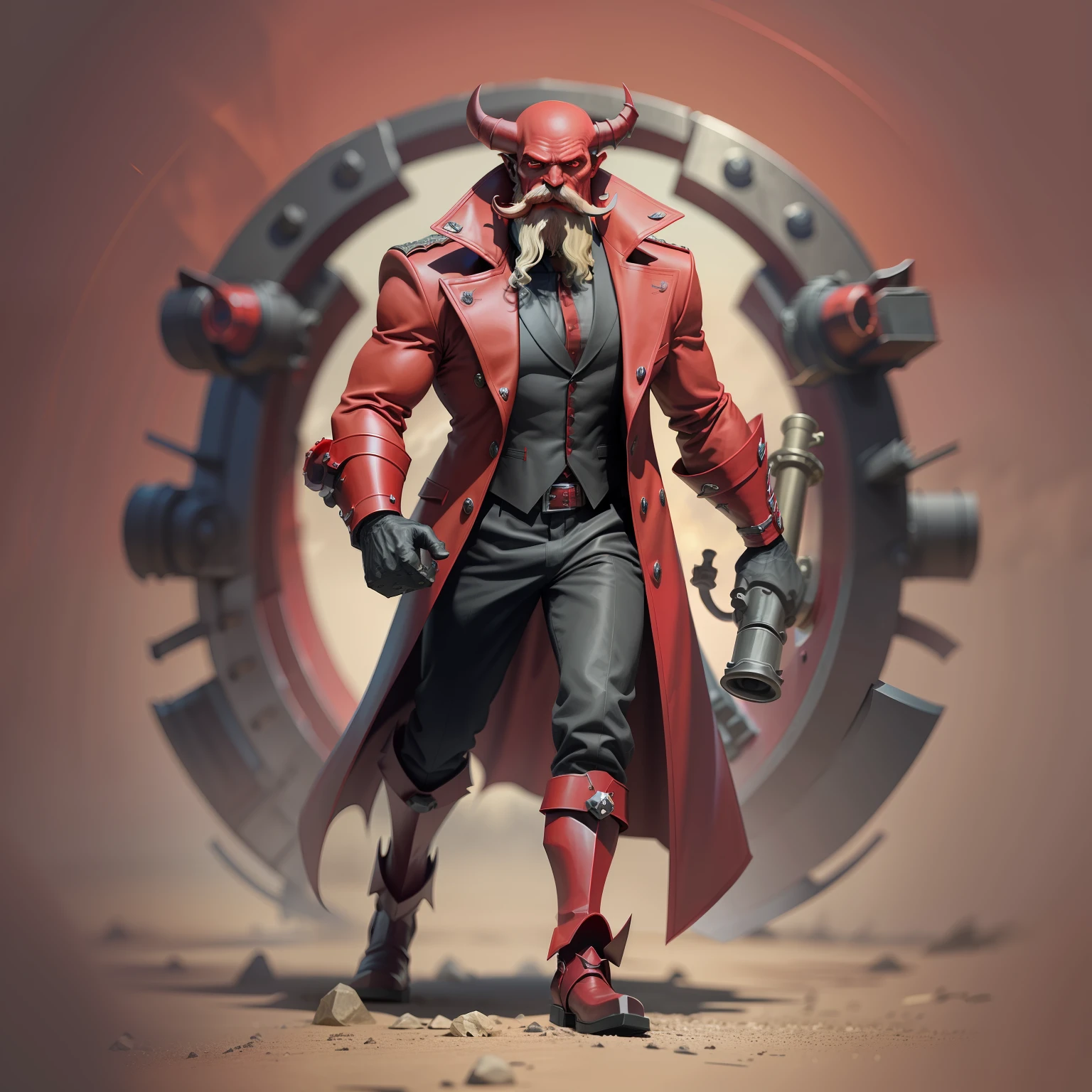A red demonic creature with a cannon arm. He has a long mustache and a goatee. He wears an elegant red coat.