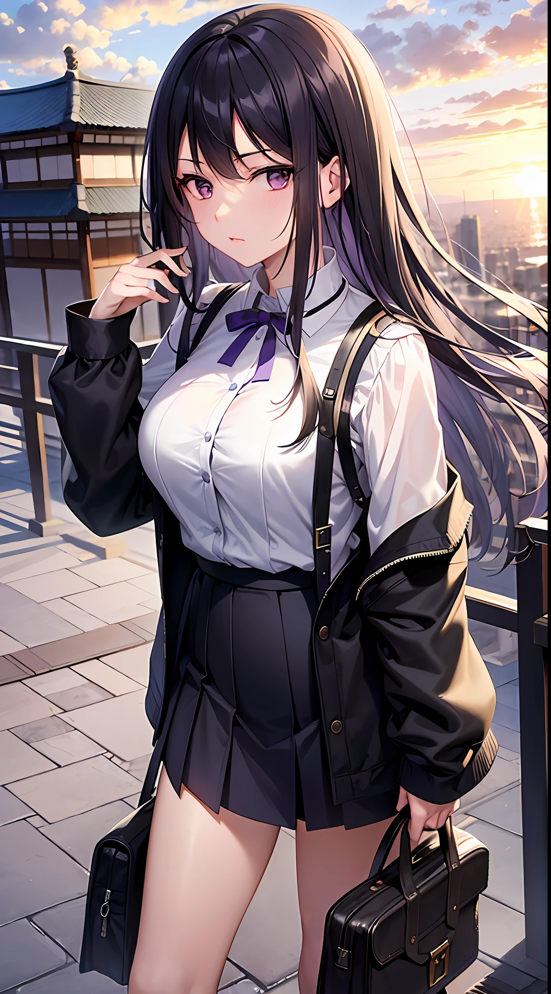 Superior Quality, Masterpiece, Ultra High Resolution, (Photorealistic: 1.4), Raw Photo, Deep Shadows, A Japanese Girl, With Black Hair and Fringe, Purple Eyes, Wearing Casual Clothes, Black and White Clothing, With a Look of Contempt, Expression of Contempt, On Top of a Building, Scenery On Top Of A Building, Standing, Skirt, Big Chests, Neckline, Cloudy Sky, dark cloud