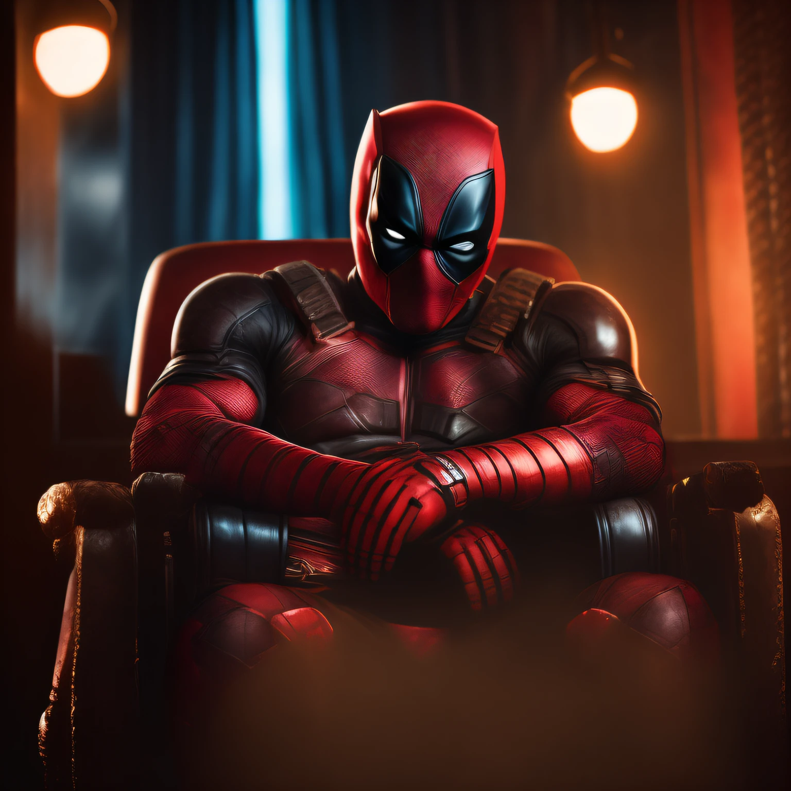 portrait of Deadpool from Marvel sitting on a throne in a bar with a window in the throne room, edge lighting, good lighting, bokeh effect