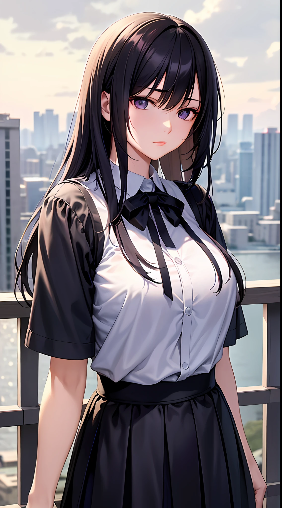 Superior Quality, Masterpiece, Ultra High Resolution, (Photorealistic: 1.4), Raw Photo, Deep Shadows, A Japanese Girl, With Black Hair and Fringe, Purple Eyes, Wearing Casual Clothes, Black and White Clothing, With a Look of Contempt, Expression of Contempt, On Top of a Building, Scenery On Top Of A Building, Standing, Skirt, Big Chests, Neckline, Cloudy Sky, dark cloud