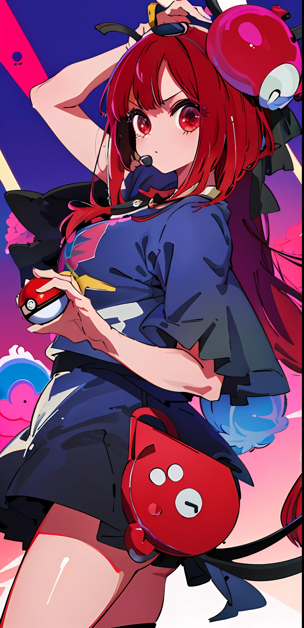 masterpiece, best quality, highres, iono1, 1girl, long hair,  hair ornament, cowboy shot, (holding poke_ball), poke ball \(basic\),Arima kana, red hair, red eyes