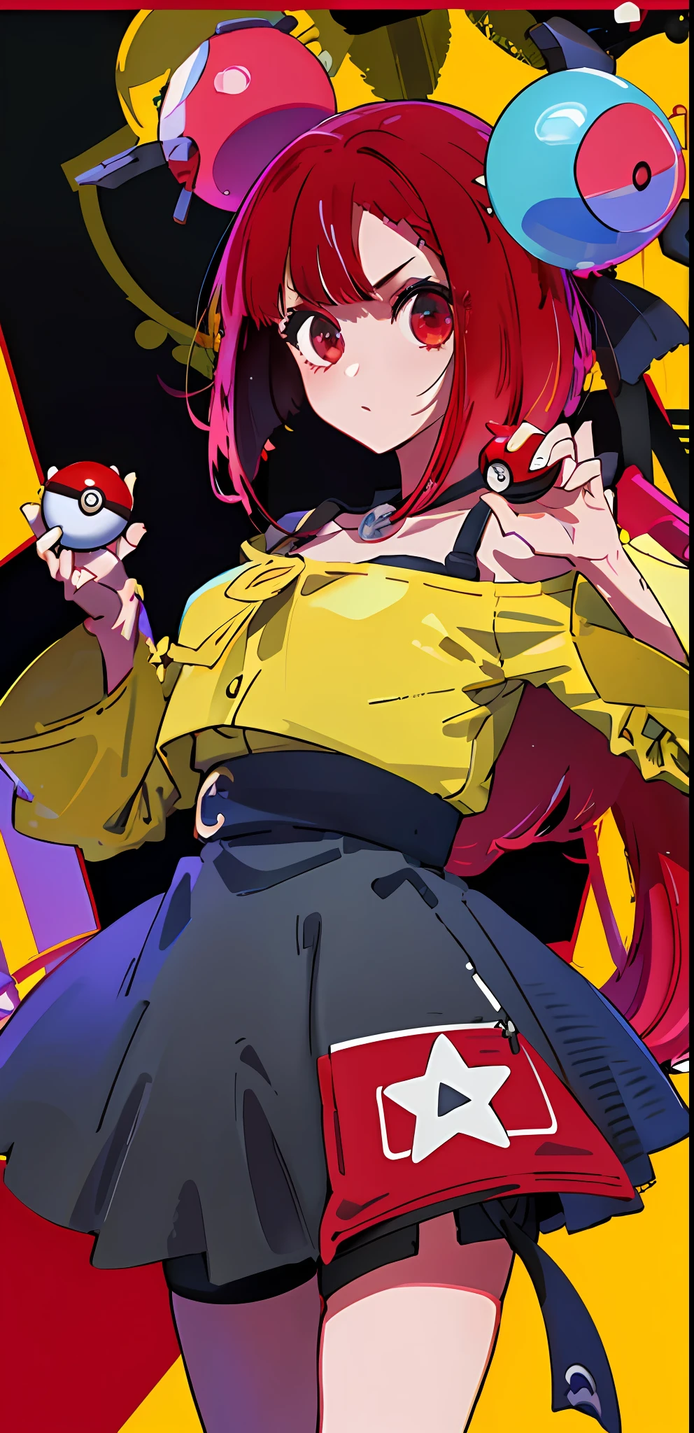 masterpiece, best quality, highres, iono1, 1girl, long hair, hair ornament, cowboy shot, (holding poke_ball), poke ball \(basic\),Arima kana, red hair, red eyes