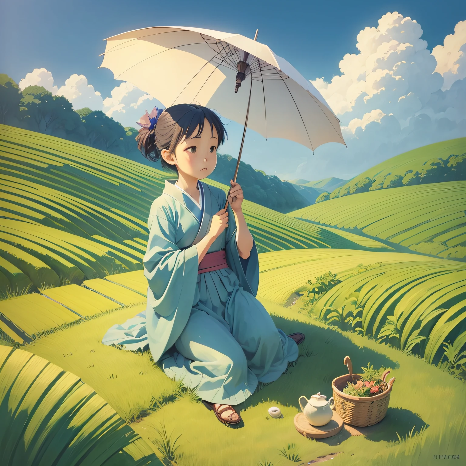 Fairy tale illustration by Reiko Ikemura, pixabay, simple art, full color illustration, cute fairy tale illustration, picture book illustration, illustration", girl picking tea in the style of Hayao Miyazaki, in the field, kimono, kimono --auto --s2
