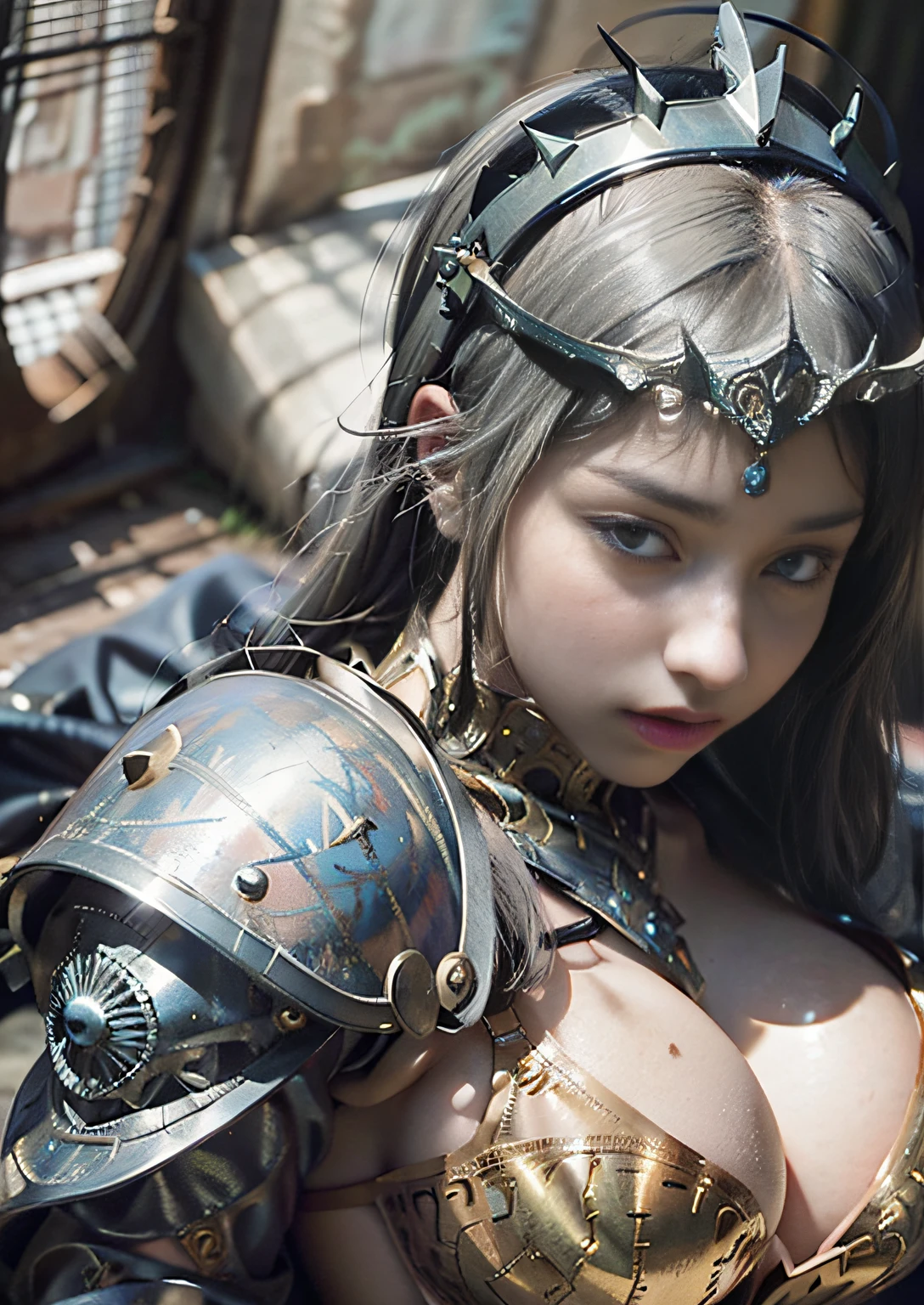 Nicki Minaj as Saber from Fate/Stay night, Dark Souls style armor, revealing armor, string bikini armor, corset, breast indentation, realistic large breasts exposed, massive cleavage, sexy, attractive, alluring, looking at viewer, (realistic:1.3), intricate details,painting \(artwork\), ((masterpiece,best quality)), ((cinematic light)), jellyfish, scary, dark fantasy \(style\), detailed armor, detailed helmet