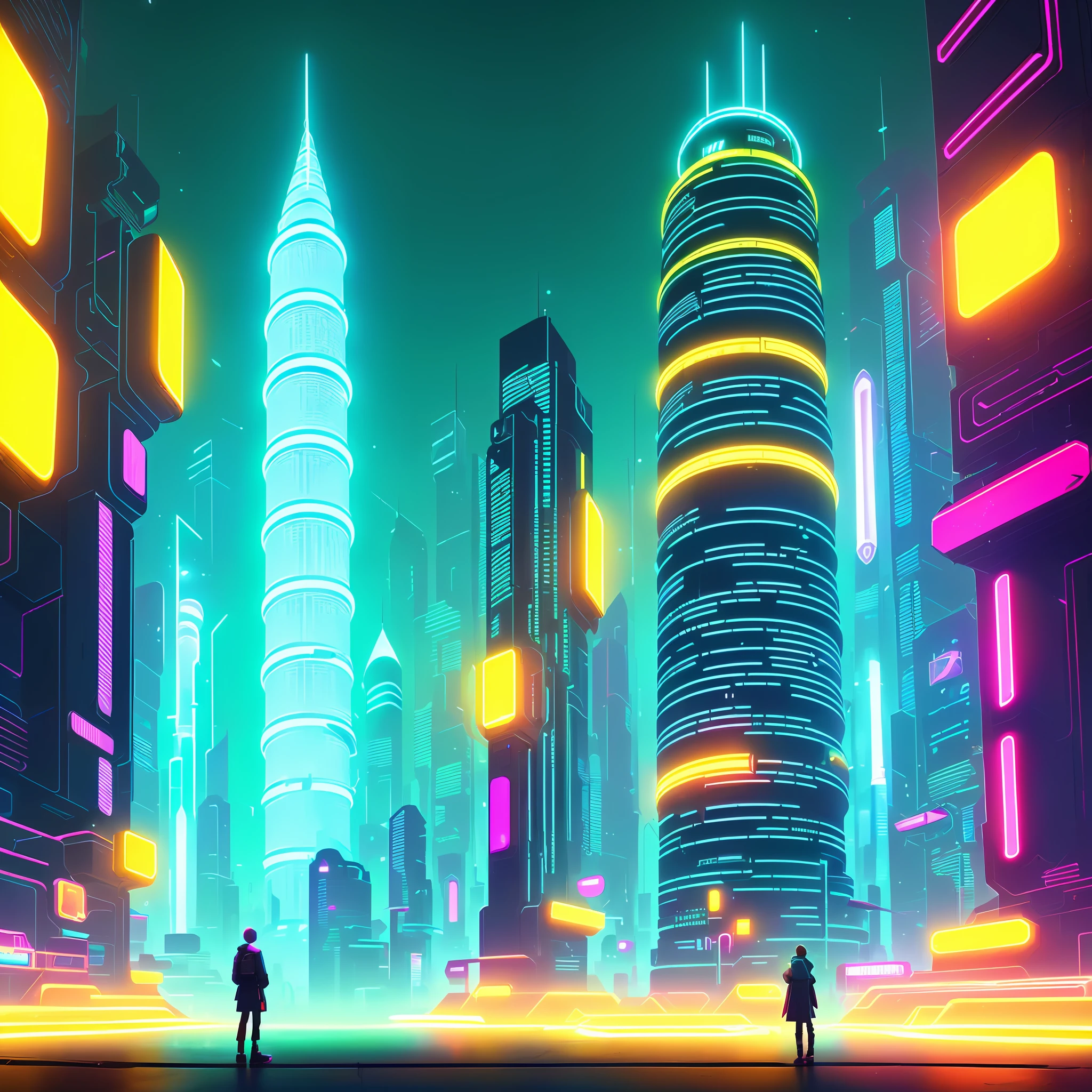 a person standing in front of a wall of neon-lit text, inside an elven city, concept art, by Emiliano Ponzi, by Chris Ware, criteria collection, concept art, dystopian, science fiction, ((8k, high resolution, ultra detailed)), (((sharp lines))), (((perfectly round cutout in the middle of the screen))) (((futuristic cyberpunk style))) (((tower of Babel))) ((((Babel Tower))) (((a tower in the center))) (((yellow led lights at the foot of the tower)))